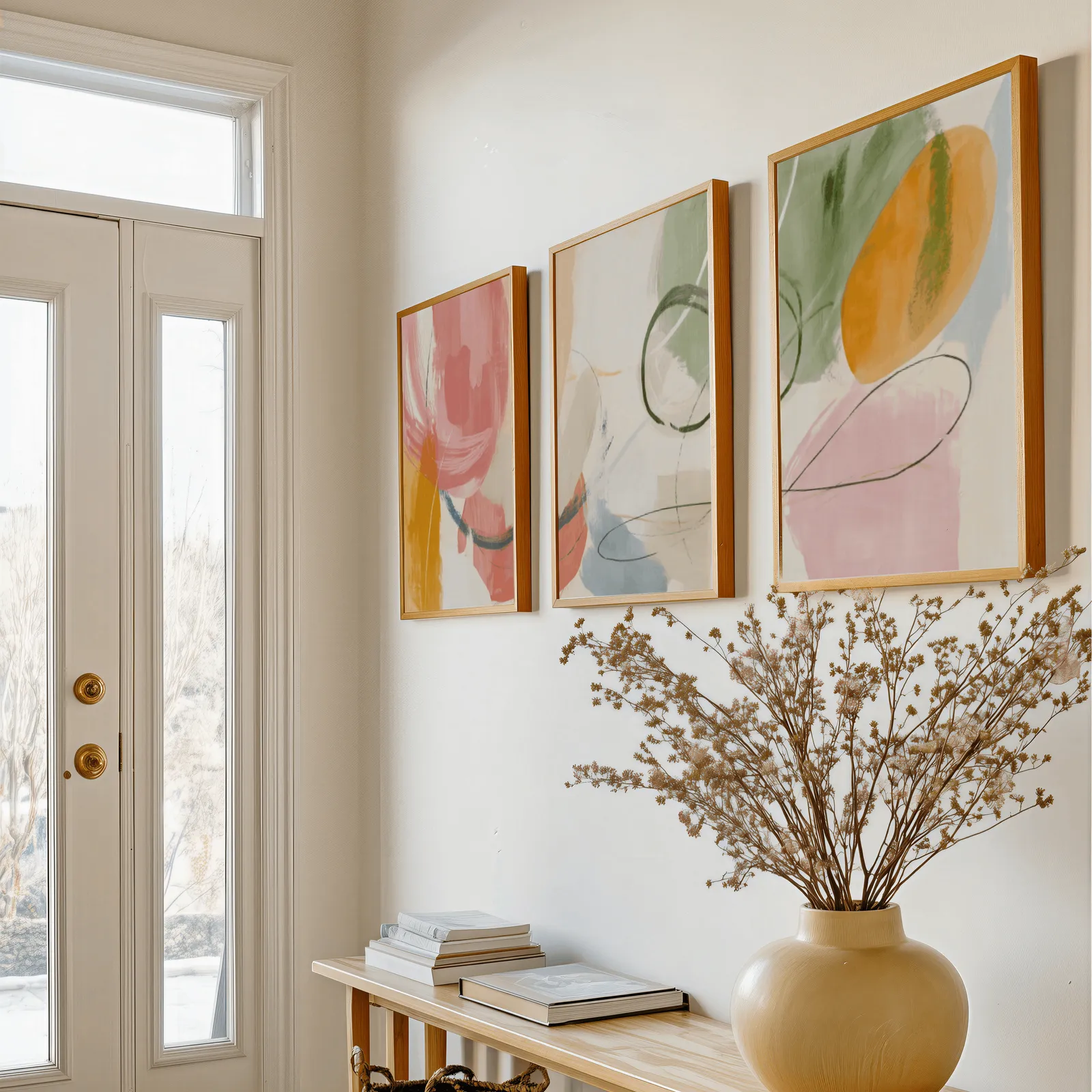 colorful abstract wall art set of 3, above a console table with a yellow vase of dried branches