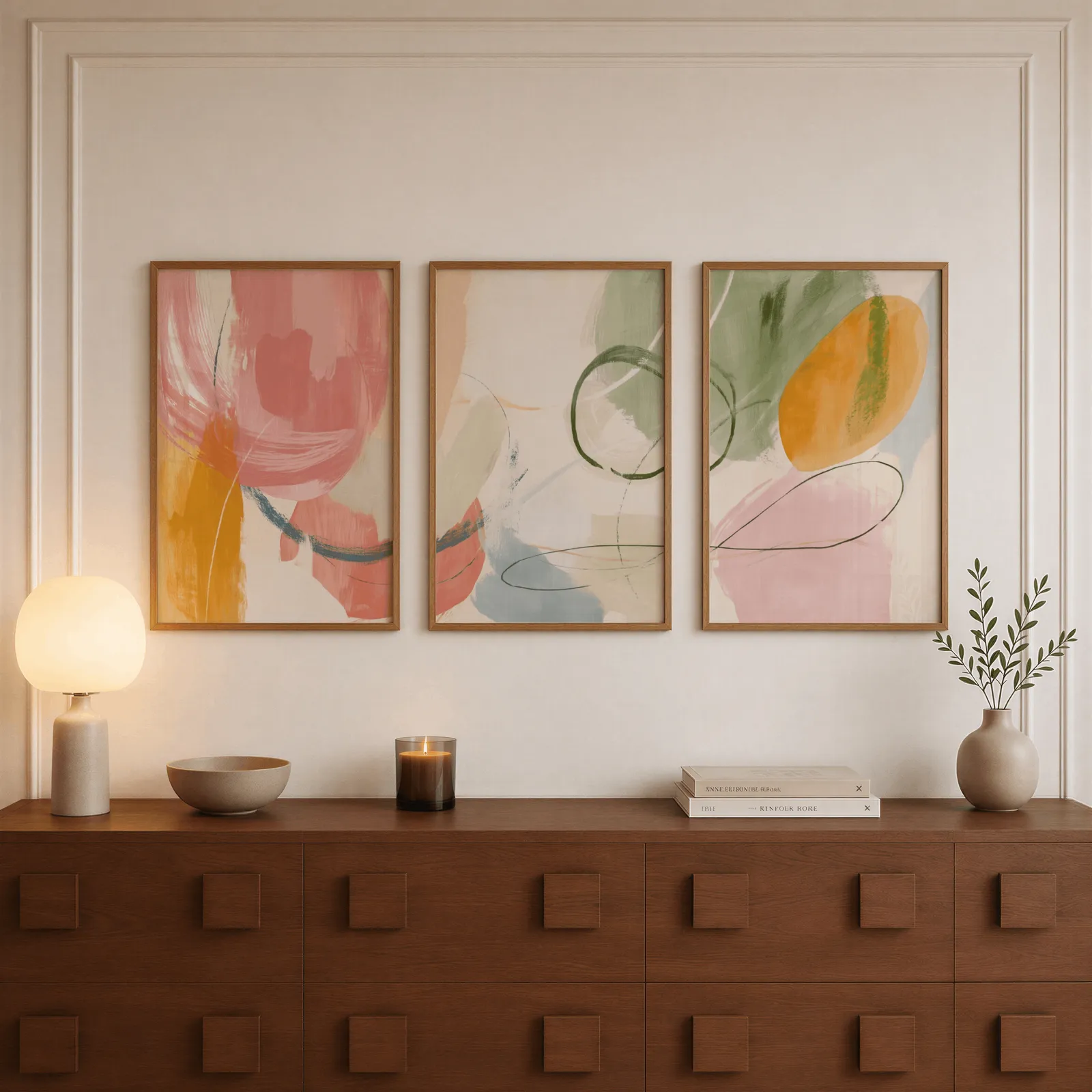 colorful abstract wall art set of 3, above a walnut sideboard with a lit candle and glowing lamp