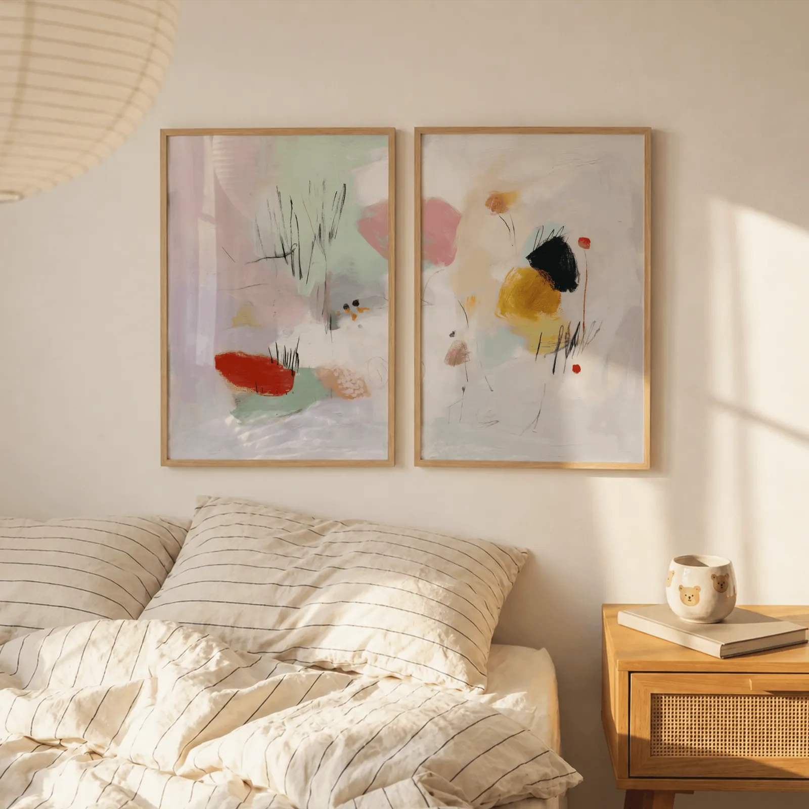 colorful abstract wall art set of two, above a striped linen bed beside a paper lantern shade