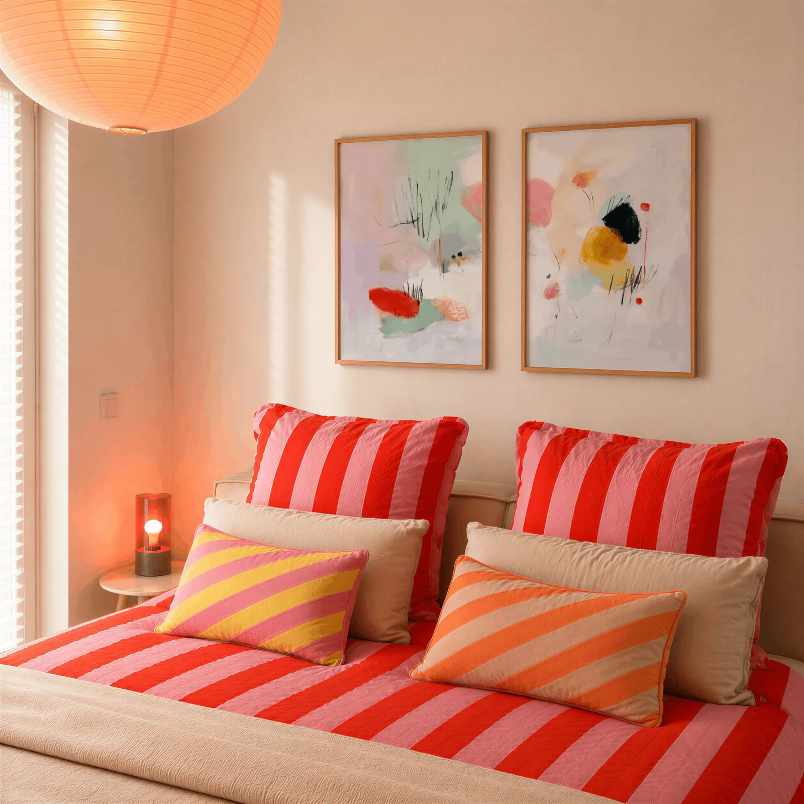 colorful abstract wall art set of two, above a bed piled with red and pink striped pillows