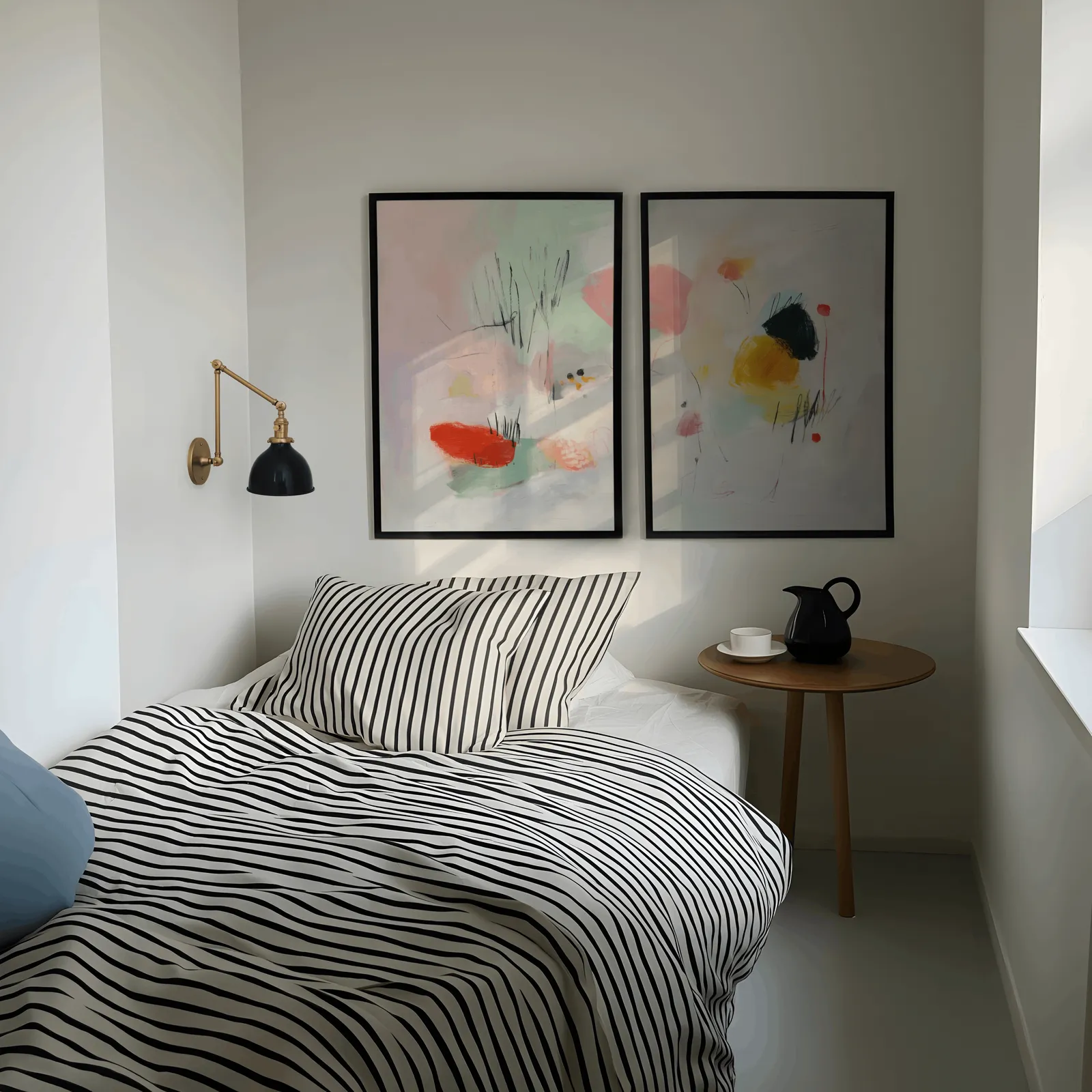 colorful abstract wall art set of two, above a striped bed beside a brass swing-arm lamp