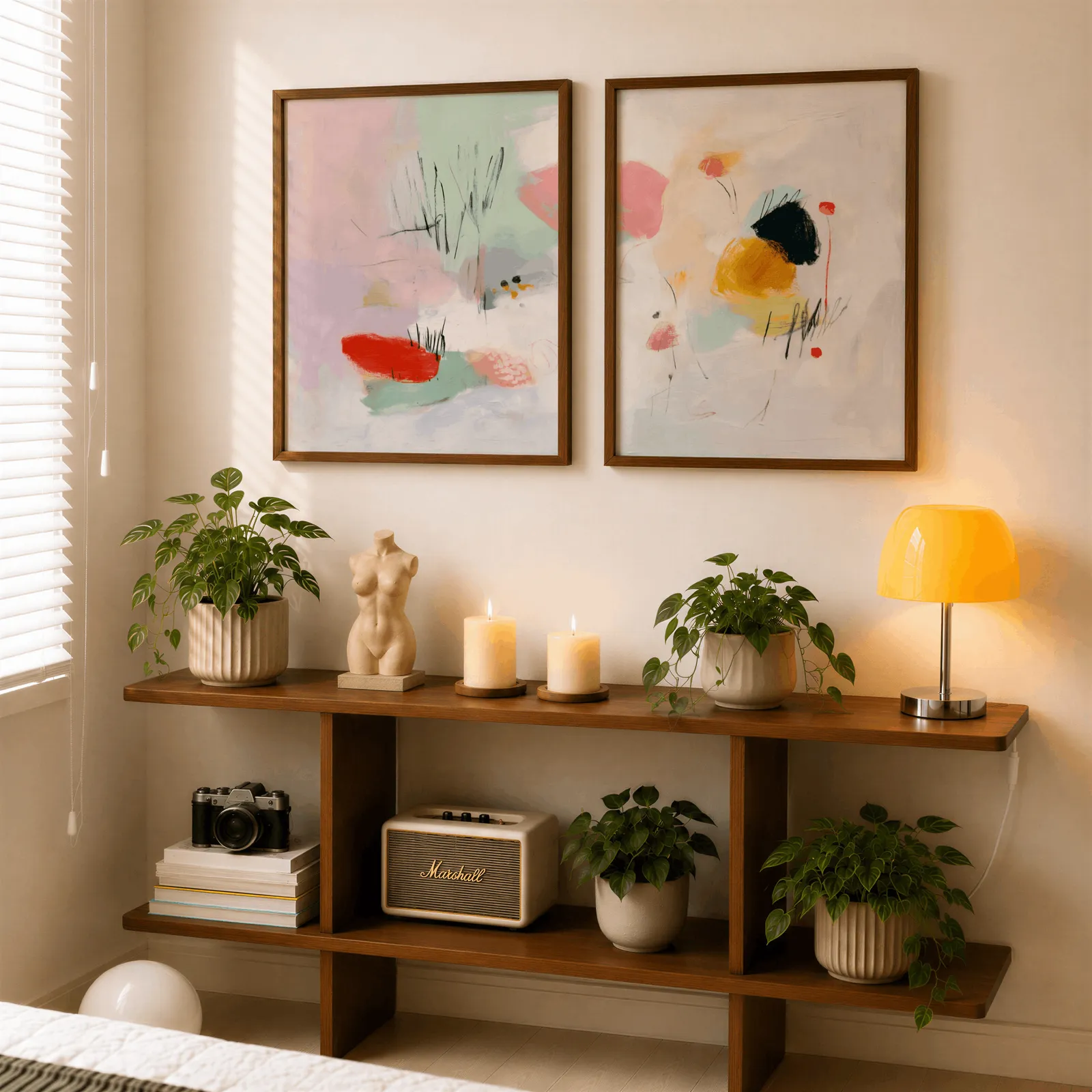 colorful abstract wall art set of two, above a wooden console shelf with potted plants and a yellow lamp