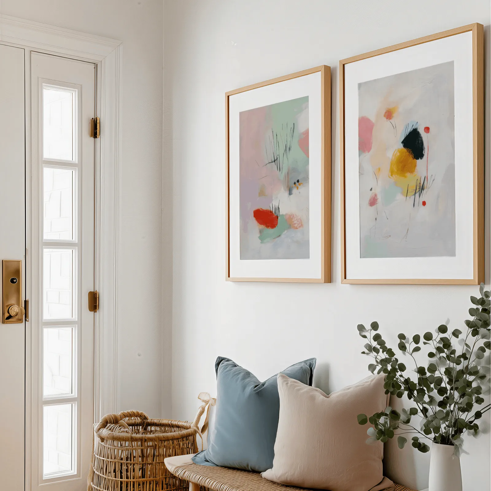 colorful abstract wall art set of two, above a bench with blue and blush pillows near the entry door