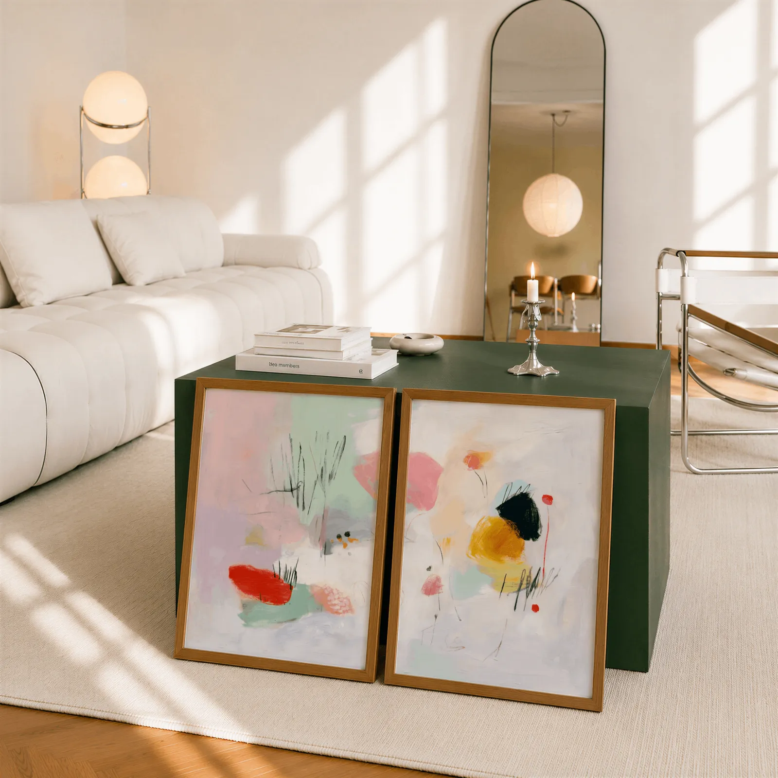 colorful abstract wall art set of two, leaning against a dark green cube table beside an arched mirror