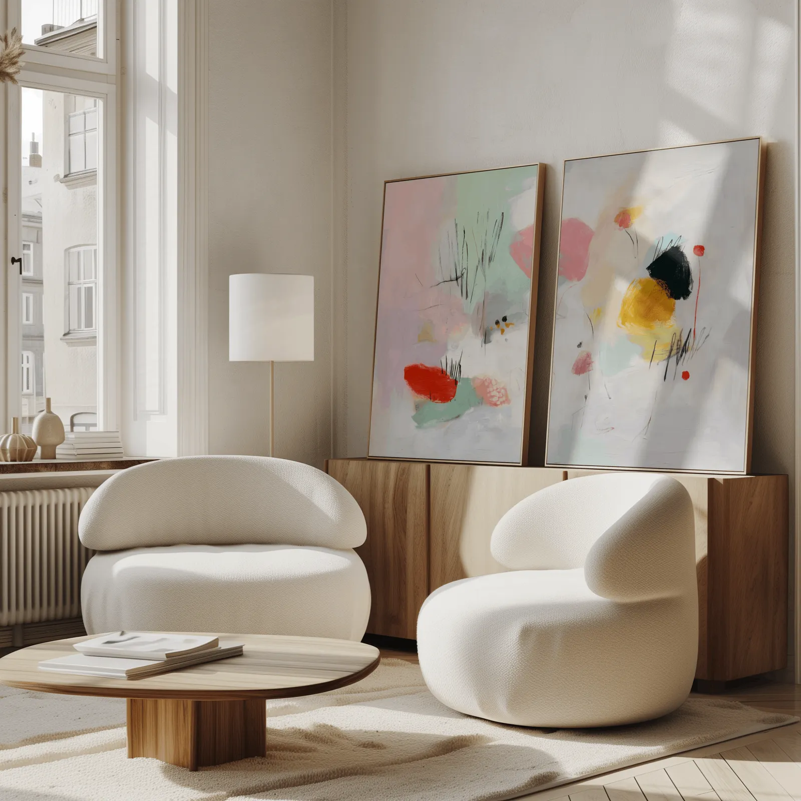 colorful abstract wall art set of two, propped against a wooden sideboard beside boucle armchairs