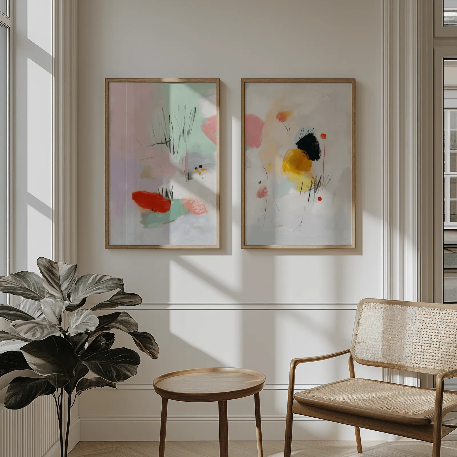 colorful abstract wall art set of two, above wainscoting beside a cane armchair and fiddle-leaf fig