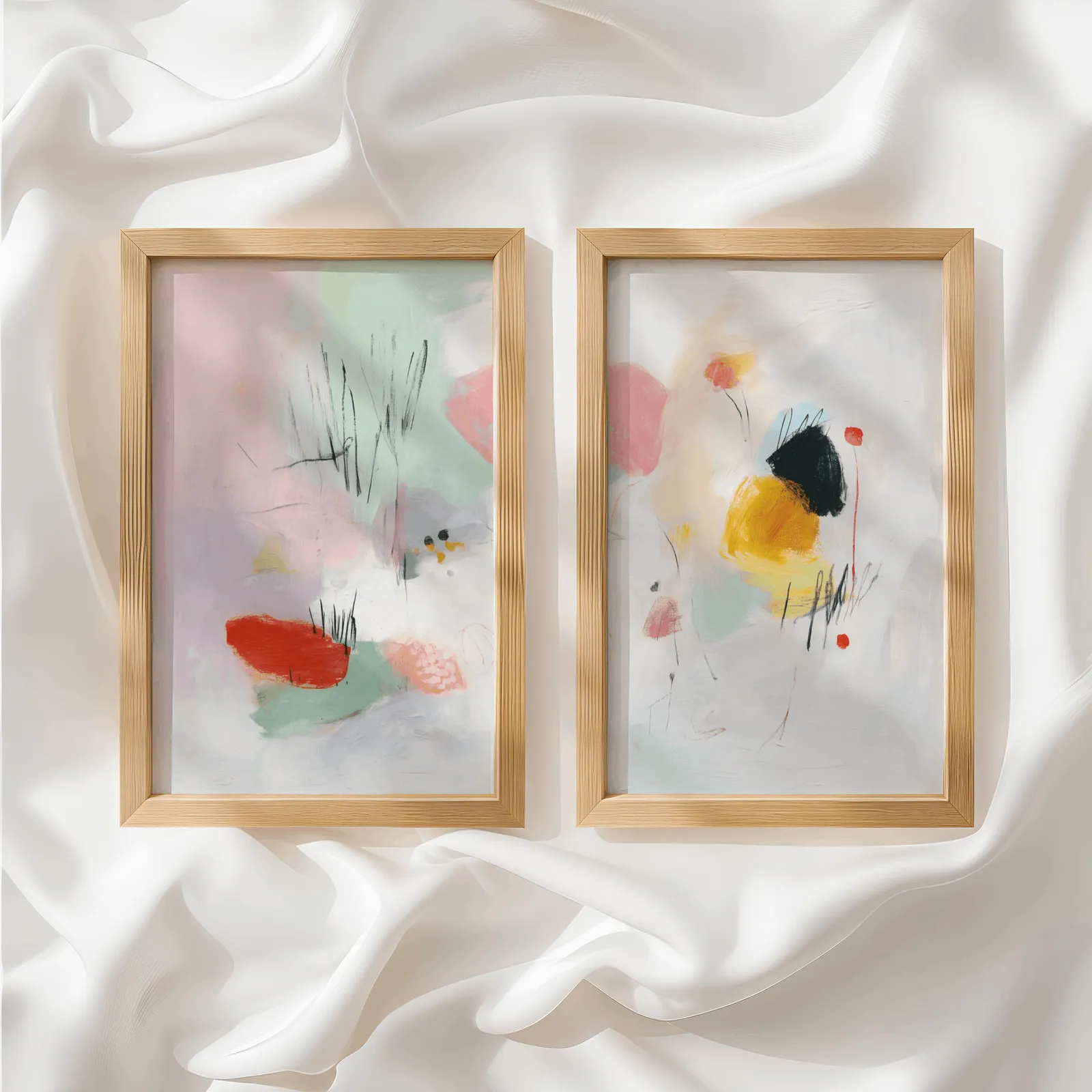 colorful abstract wall art set of two, side by side atop rumpled white silky fabric