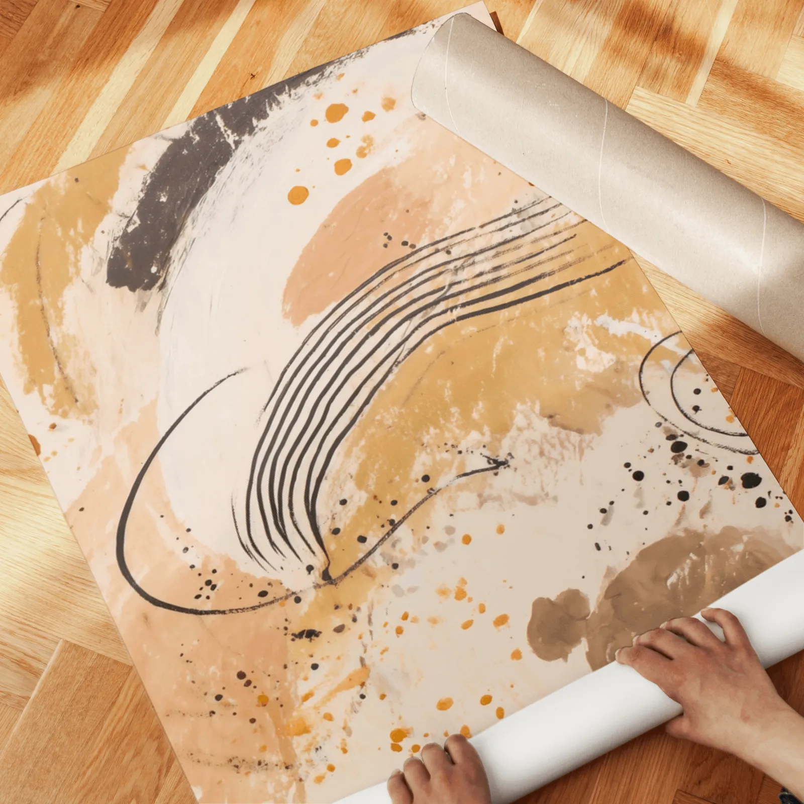 terracotta abstract wall art set of 2, unrolled across a herringbone parquet floor by hand