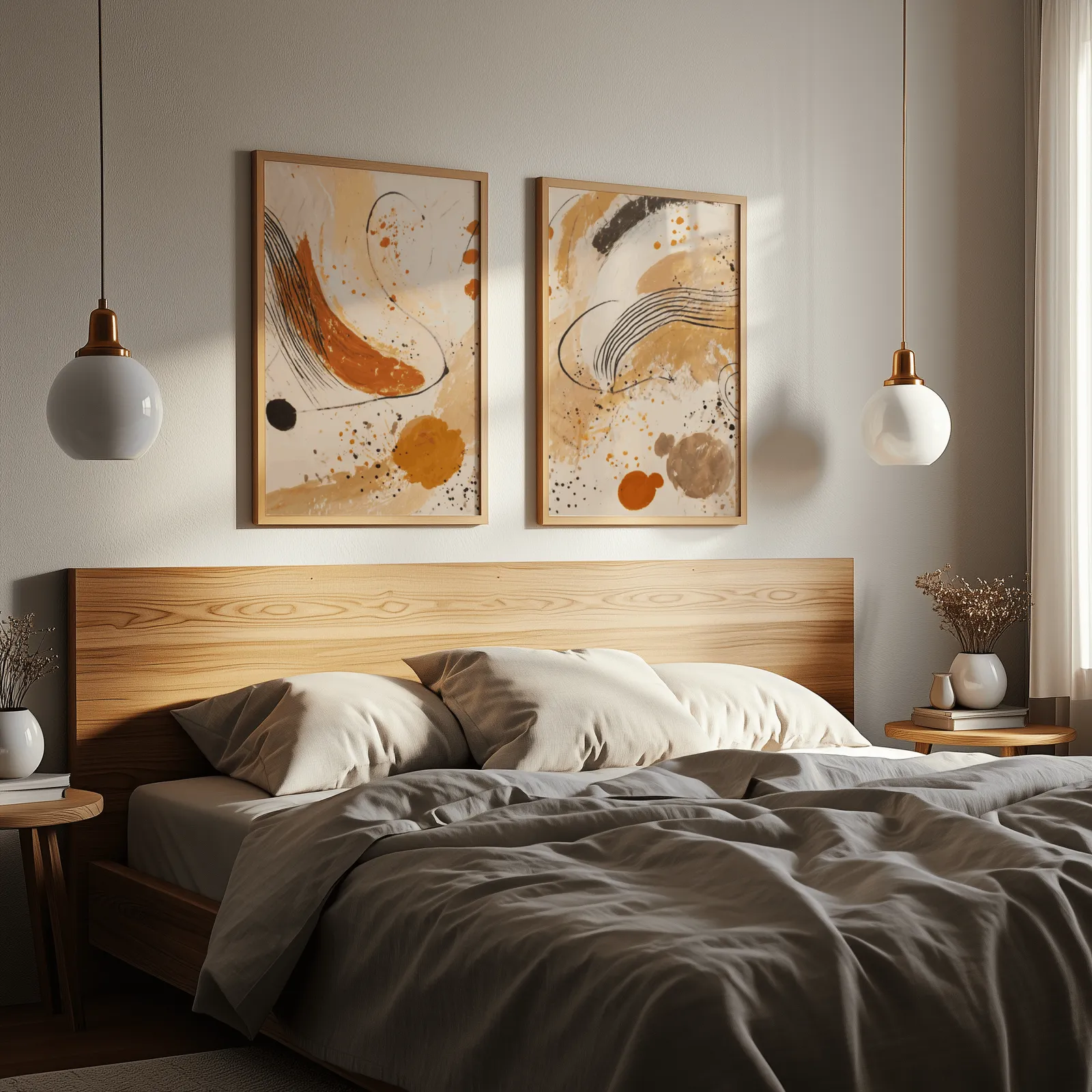 terracotta abstract wall art set of 2, above a wooden headboard flanked by globe pendant lights