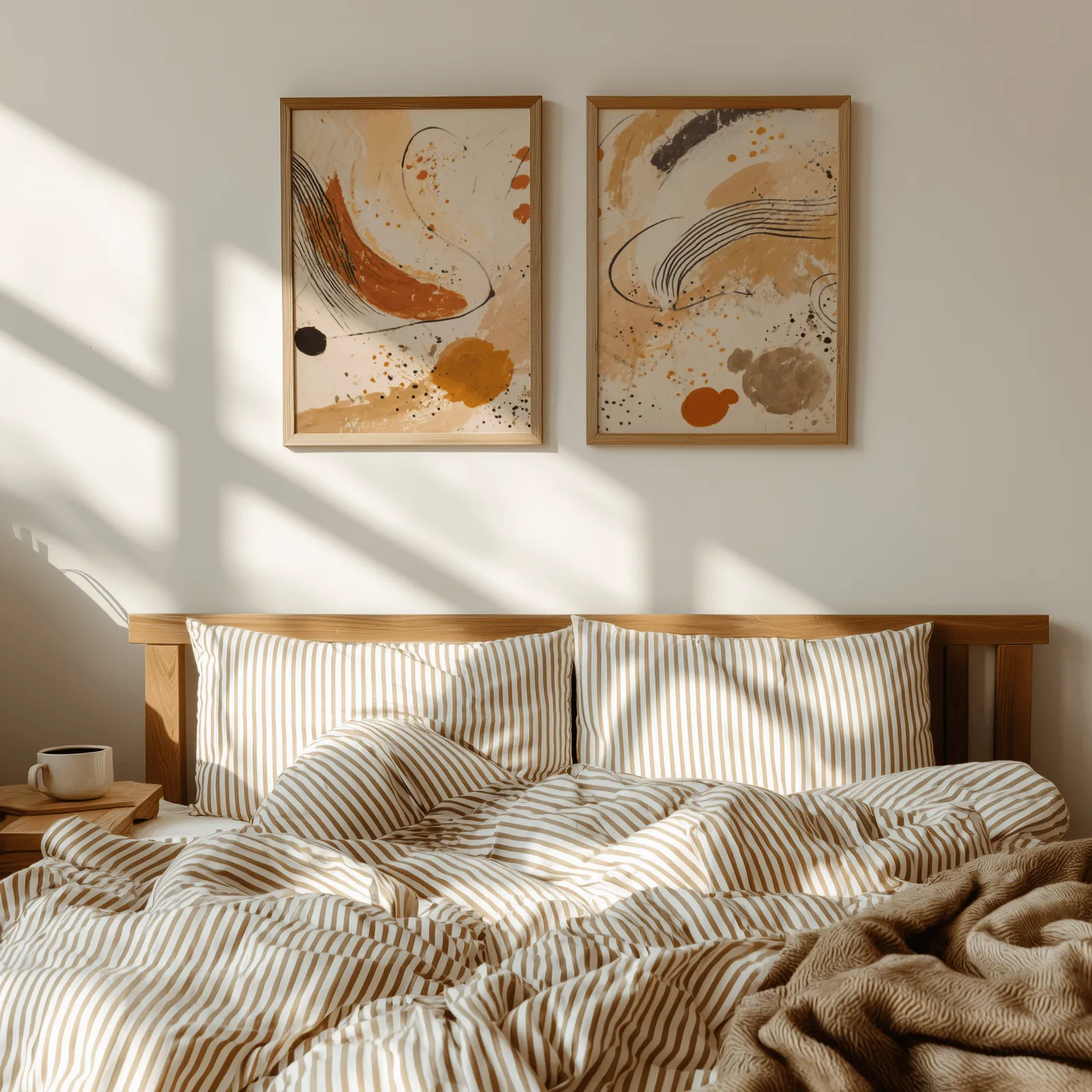 terracotta abstract wall art set of 2, above a wooden headboard with striped bedding and raking sunlight