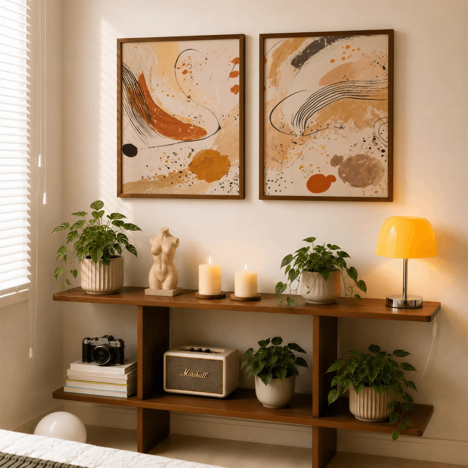 terracotta abstract wall art set of 2, above a wooden console shelf with potted plants and a yellow lamp