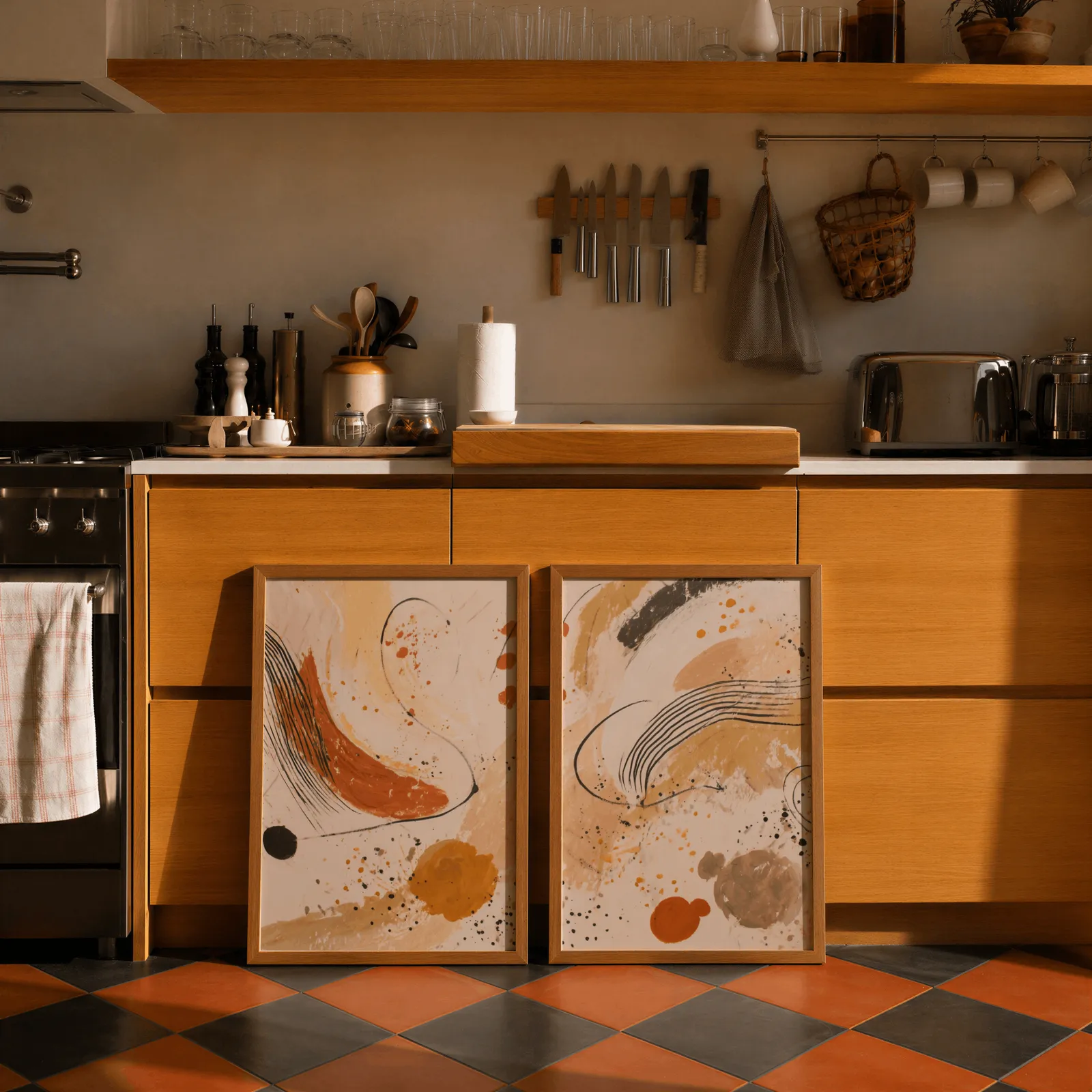 terracotta abstract wall art set of 2, leaning against wooden cabinets on terracotta tiled floor