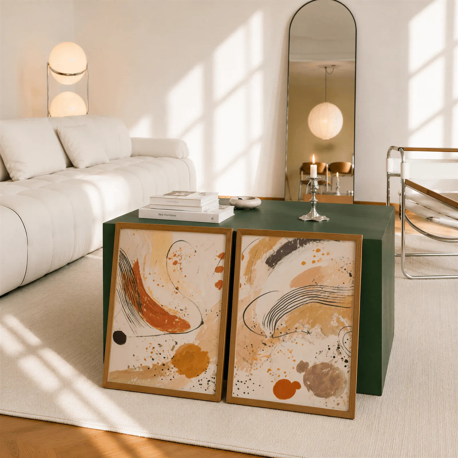 terracotta abstract wall art set of 2, leaning against a dark green cube table beside an arched mirror