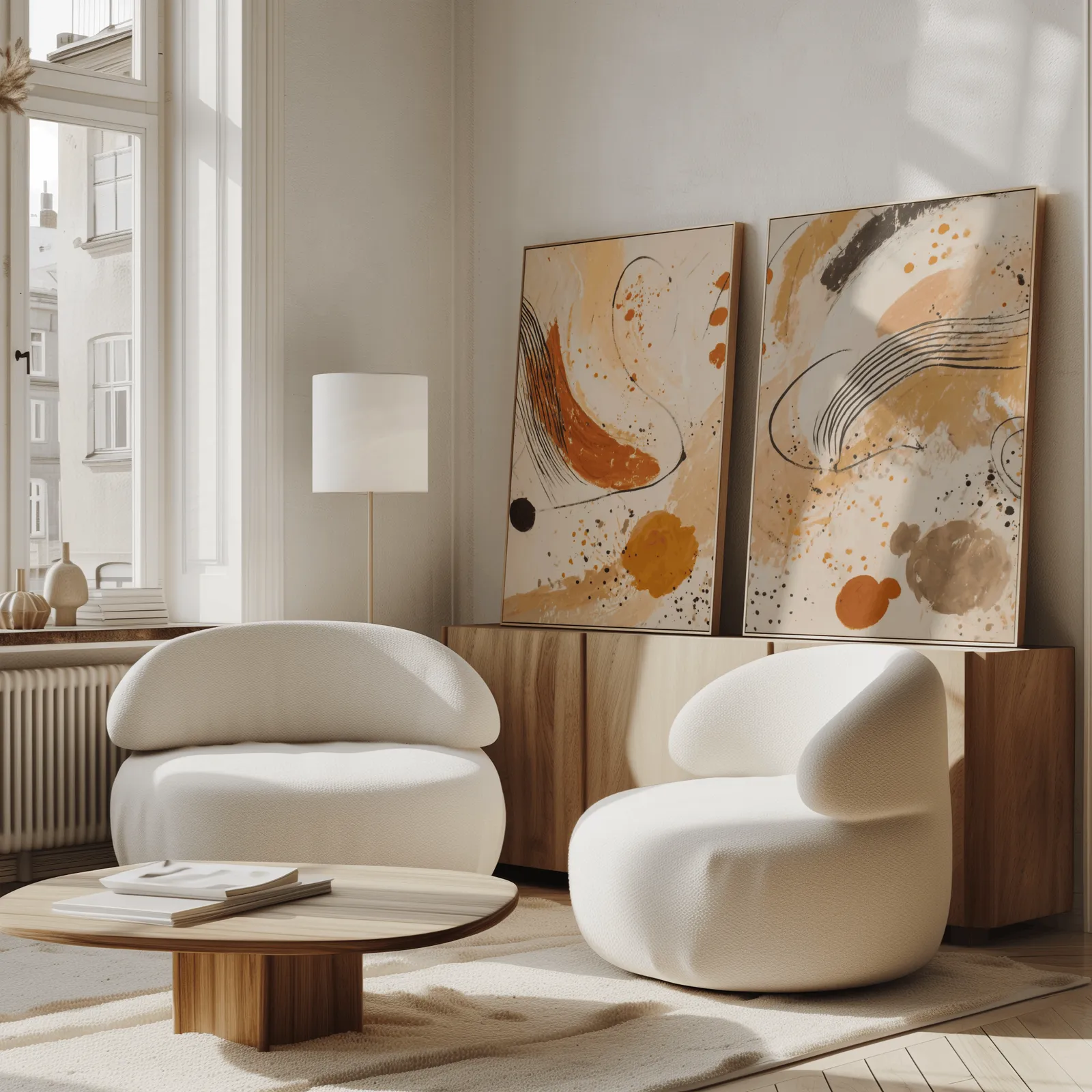terracotta abstract wall art set of 2, propped against a wooden sideboard beside boucle armchairs