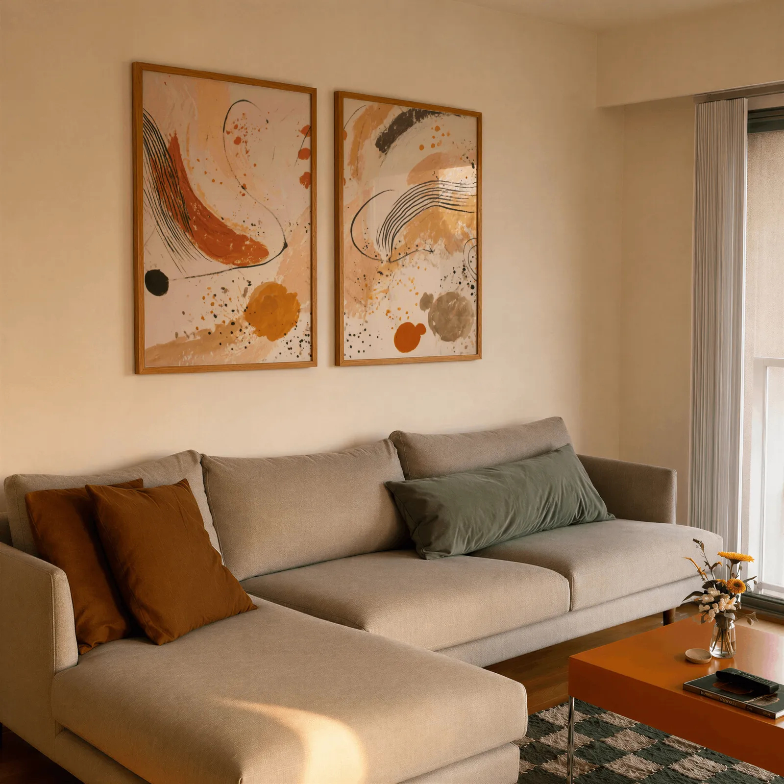 terracotta abstract wall art set of 2, side by side above a beige sectional sofa