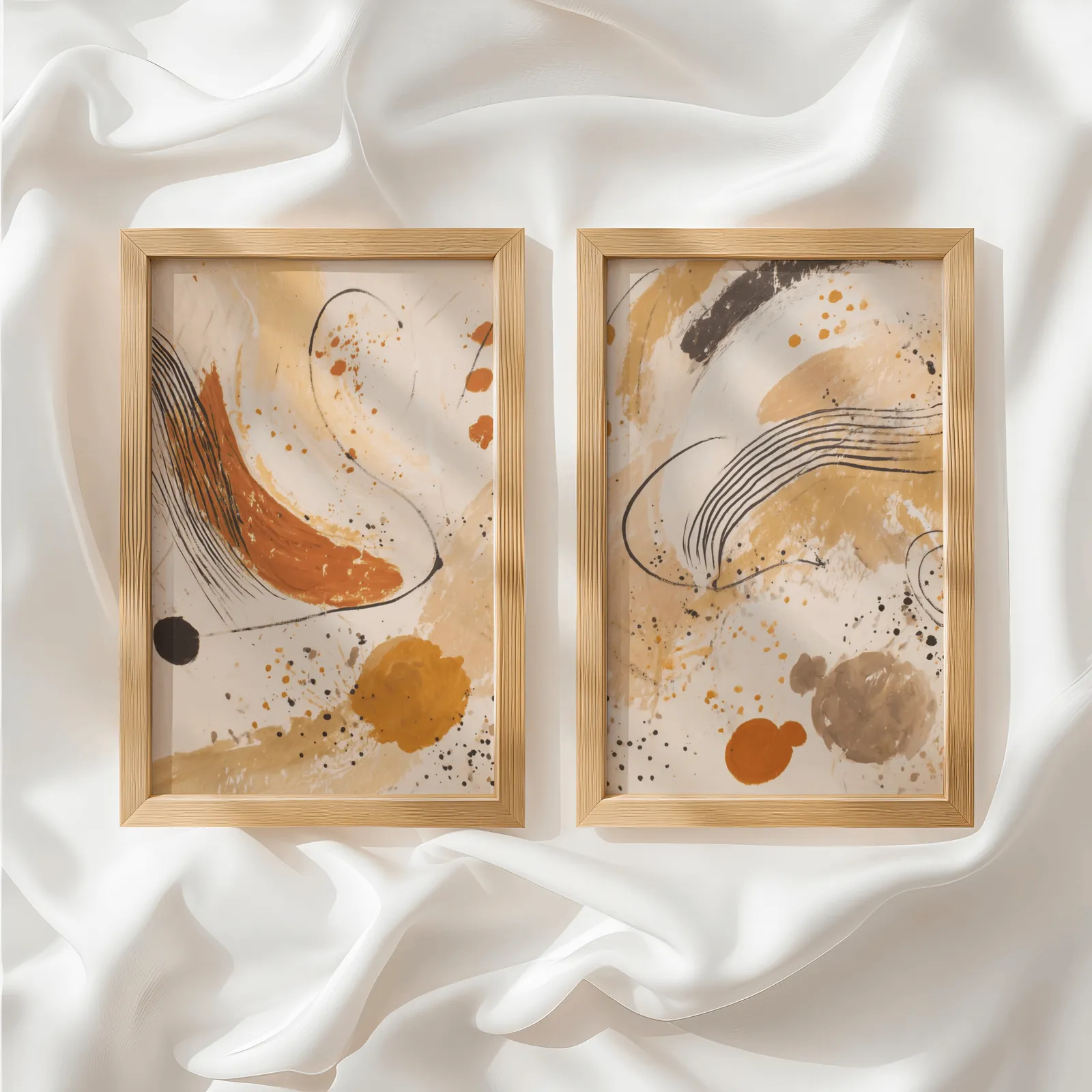 terracotta abstract wall art set of 2, side by side atop rumpled white silky fabric