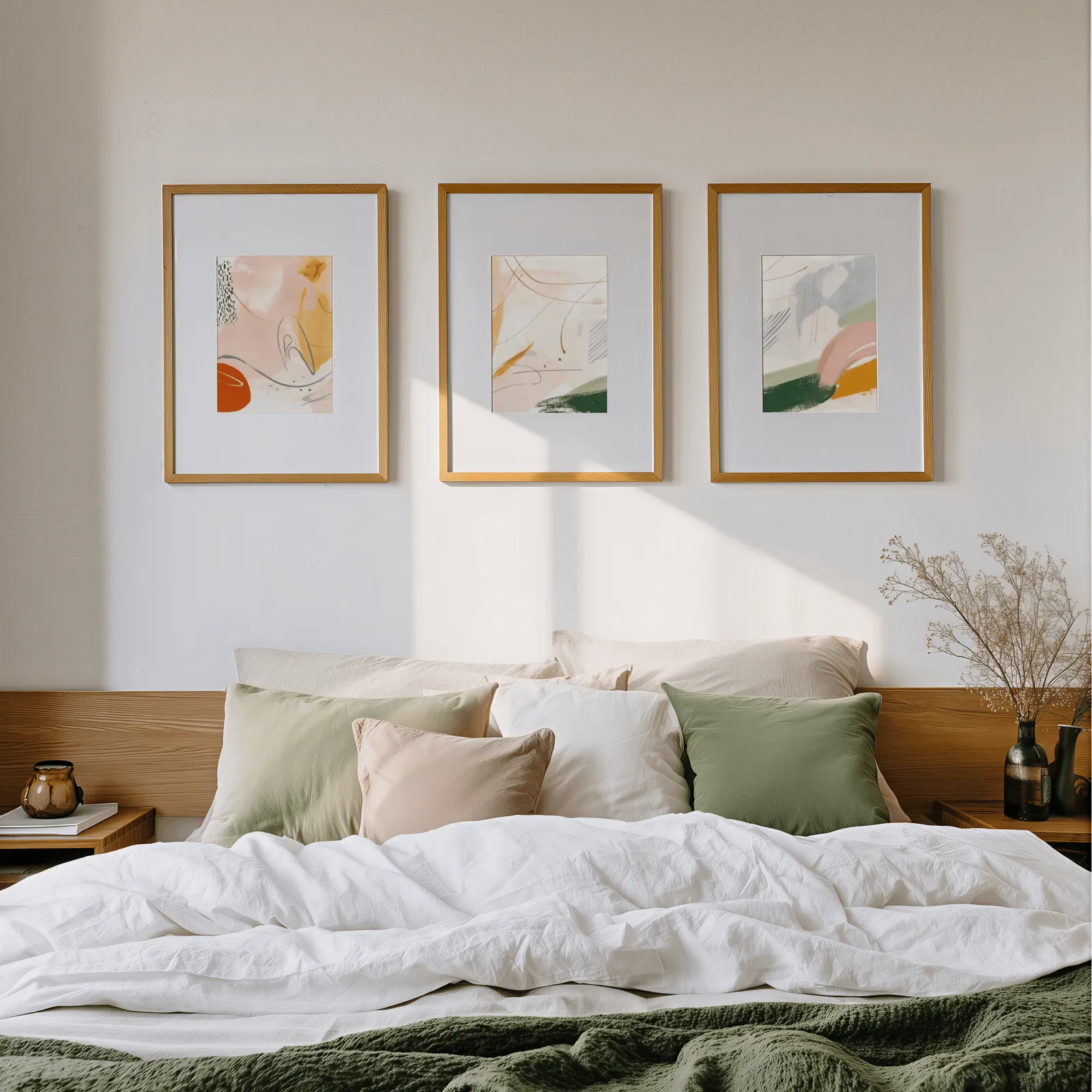 colorful abstract wall art set of three, above a wooden headboard scattered with sage and blush pillows