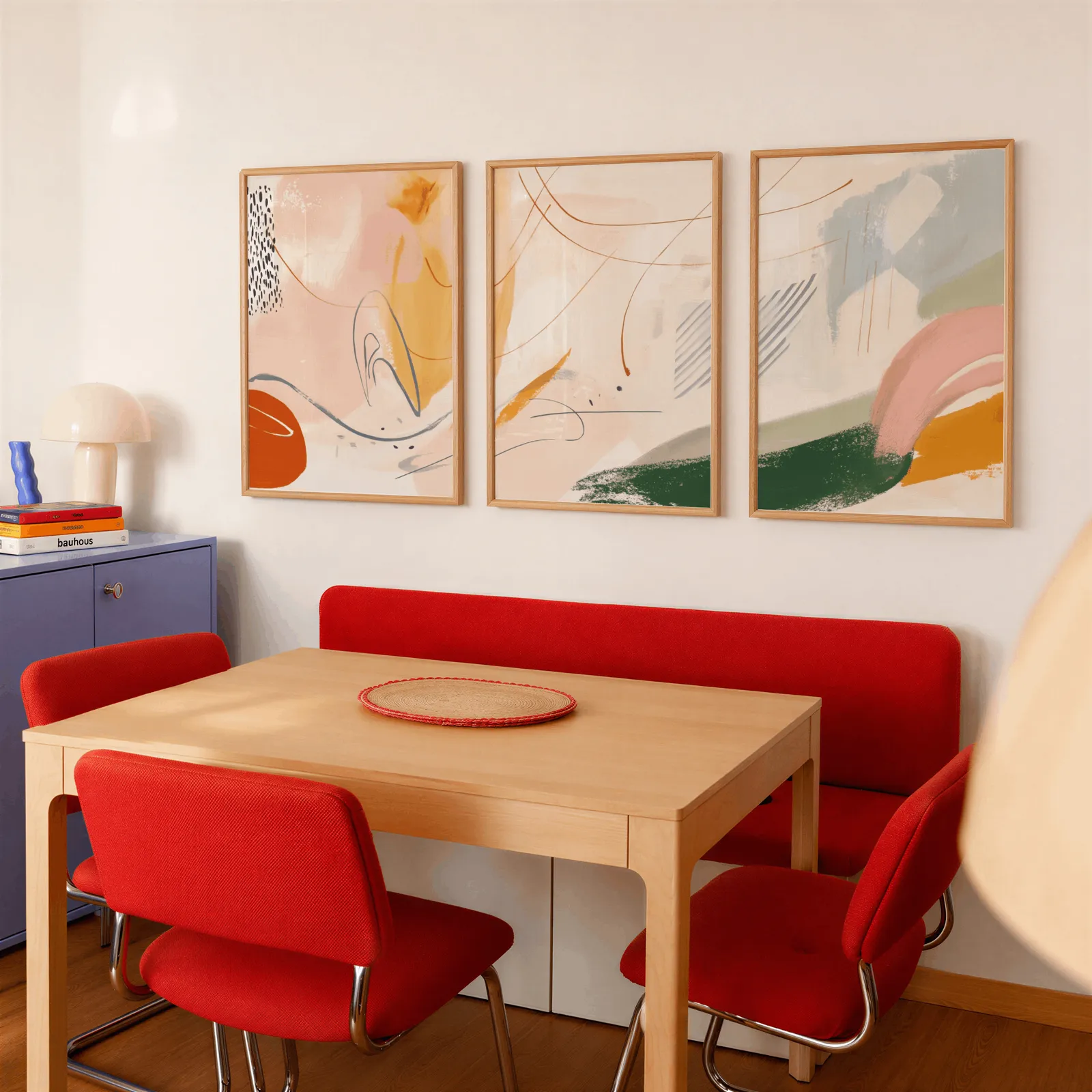 colorful abstract wall art set of three, above a red banquette bench beside a lavender cabinet