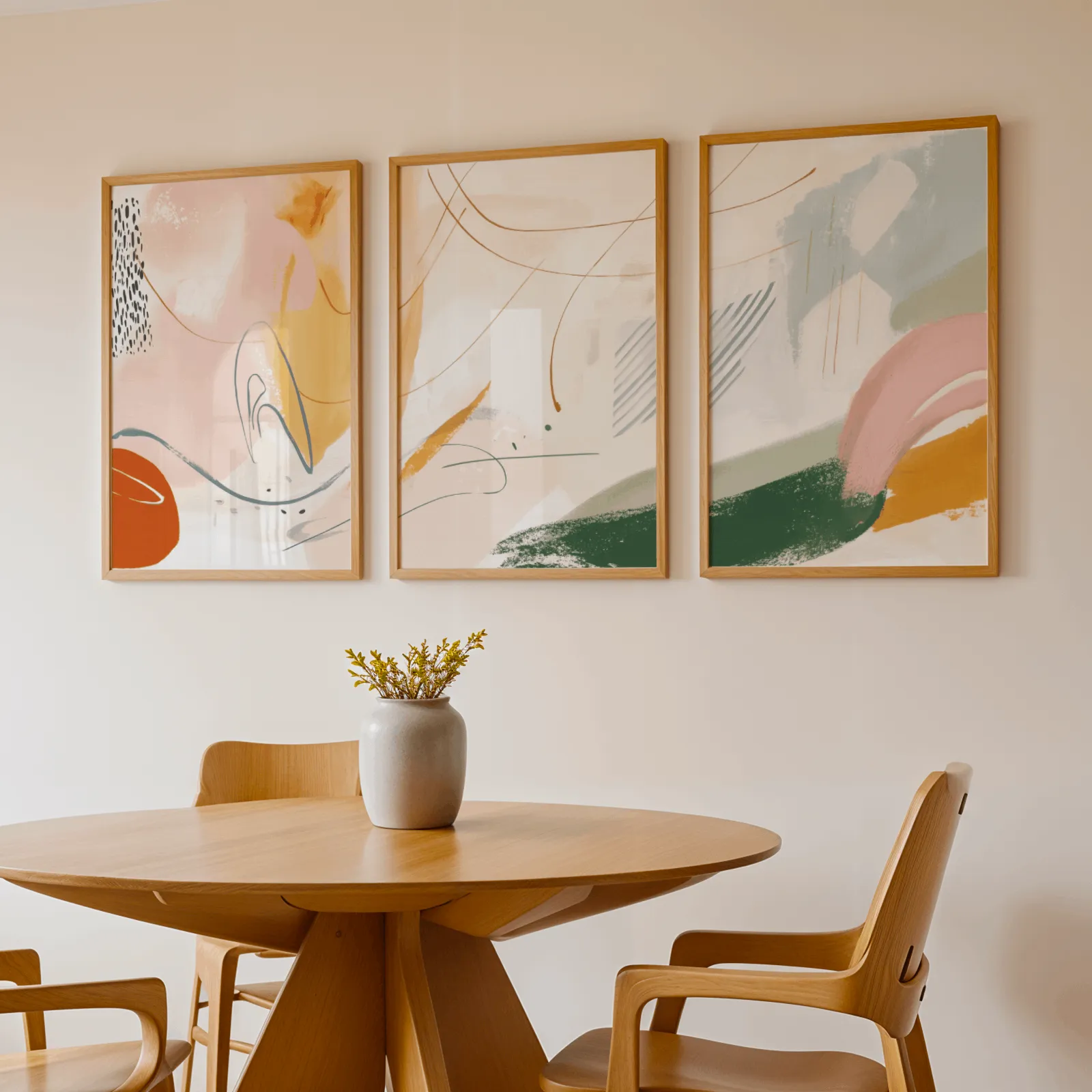 colorful abstract wall art set of three, above a round wooden table with a stoneware vase