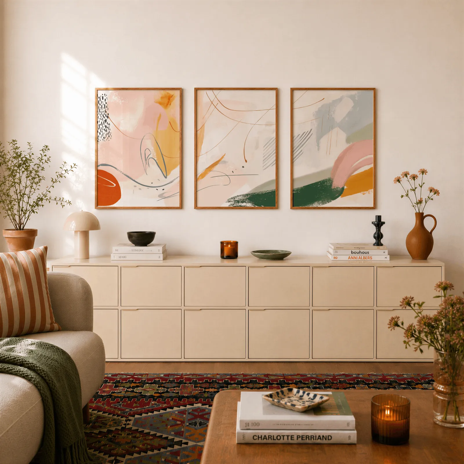 colorful abstract wall art set of three, above a long cream sideboard topped with books and a terracotta jug