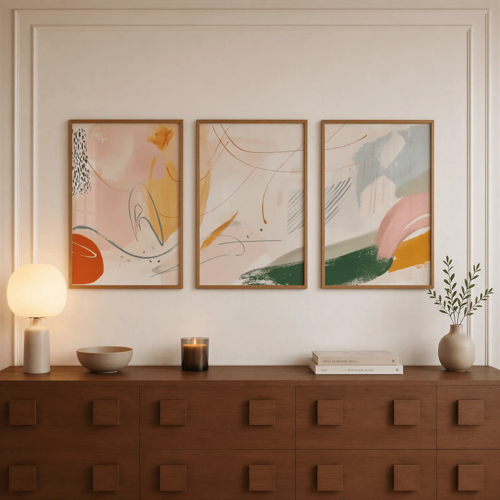 colorful abstract wall art set of three, above a walnut sideboard with a lit candle and glowing lamp