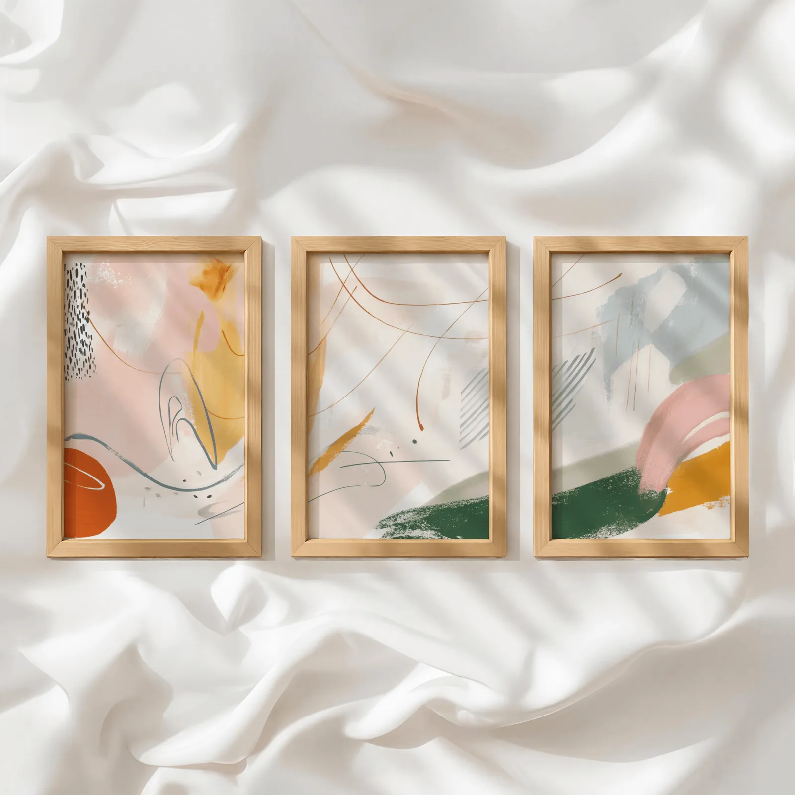 colorful abstract wall art set of three, in a row atop rumpled white silky fabric
