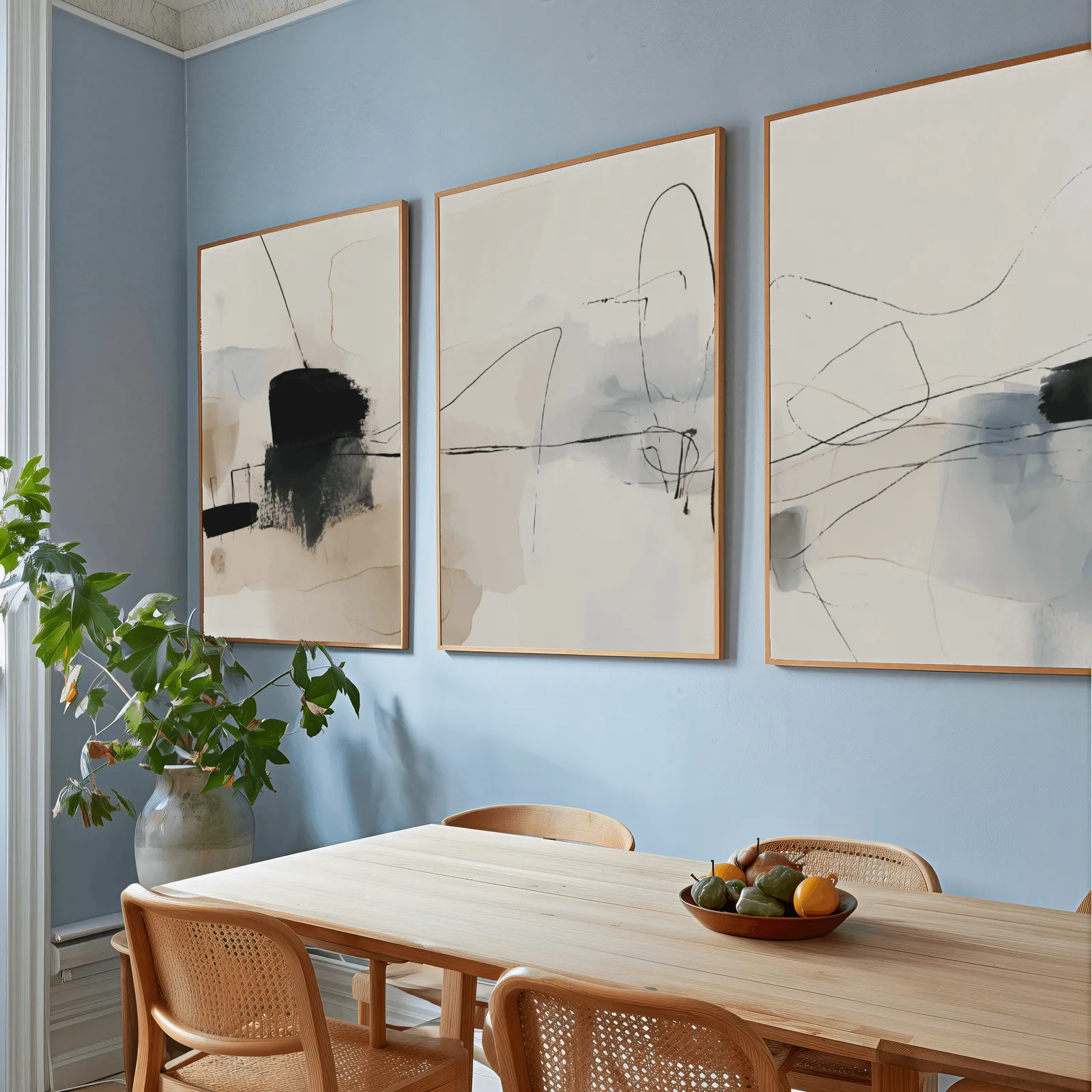neutral abstract minimalist wall art set of three, above a wooden dining table with cane chairs and a fruit bowl