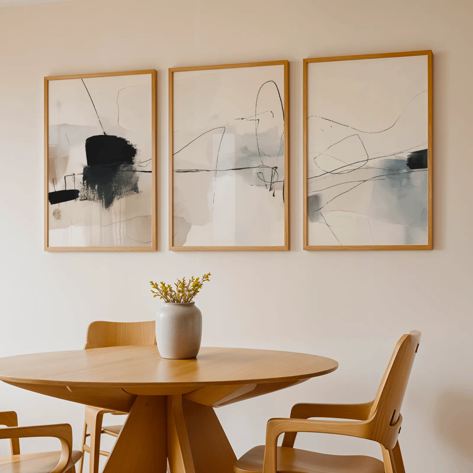 neutral abstract minimalist wall art set of three, above a round wooden table with a stoneware vase
