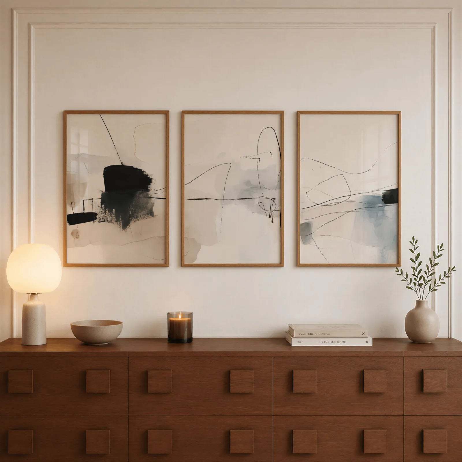 neutral abstract minimalist wall art set of three, above a walnut sideboard with a lit candle and glowing lamp