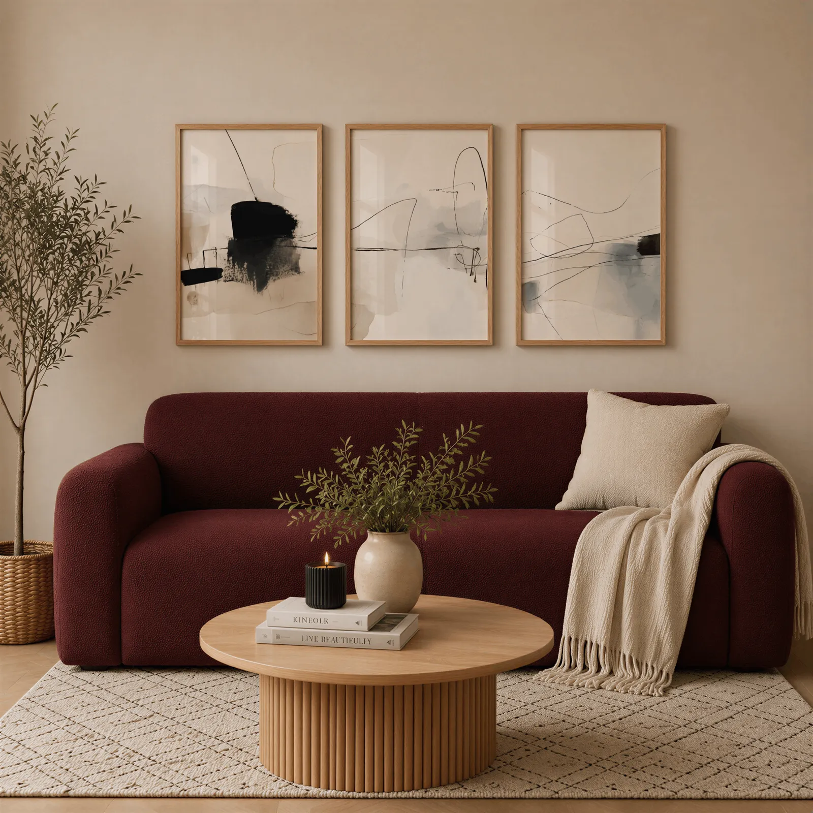 neutral abstract minimalist wall art set of three, above a burgundy boucle sofa with a cream throw
