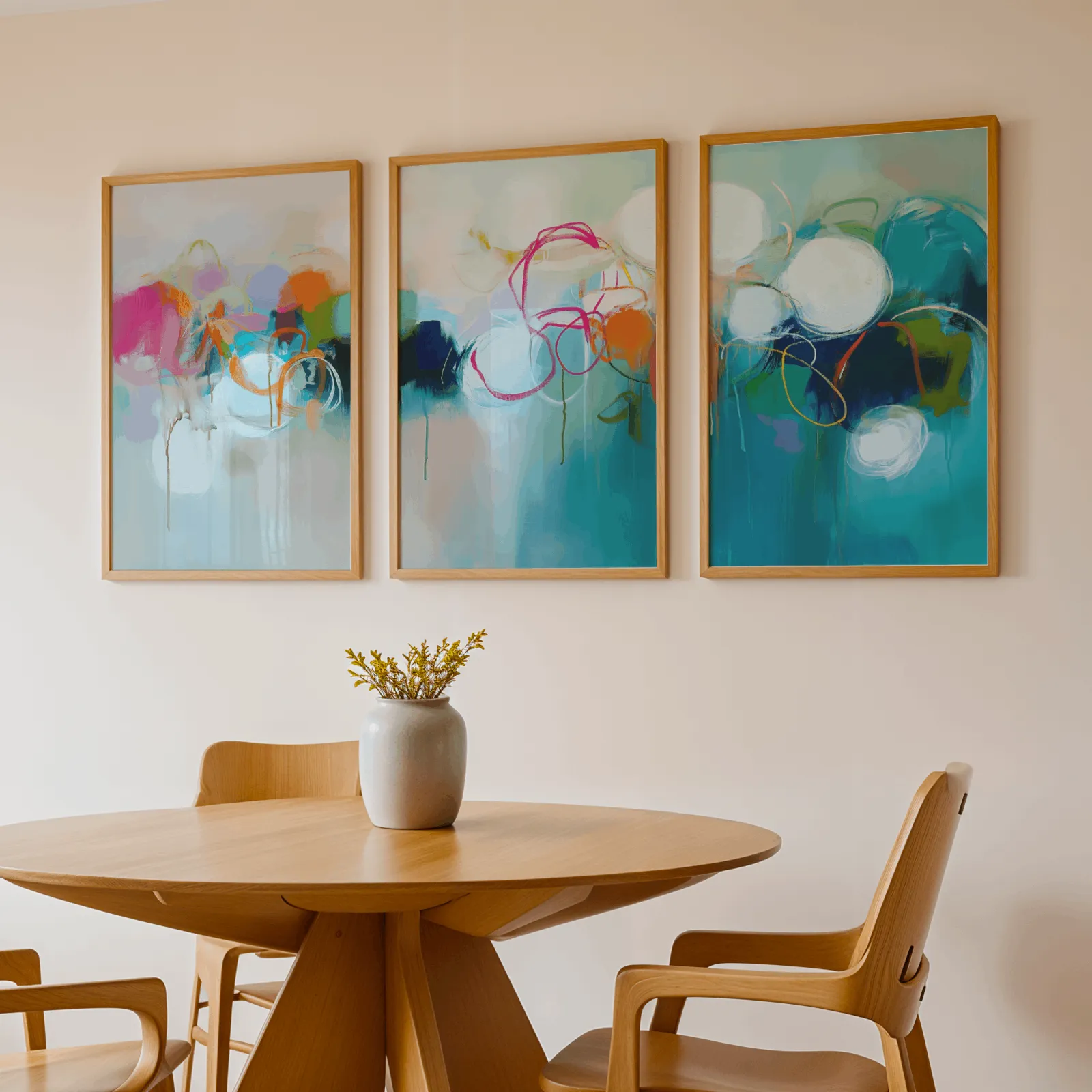 colorful abstract triptych wall art in teal and pink, above a round wooden table with a stoneware vase