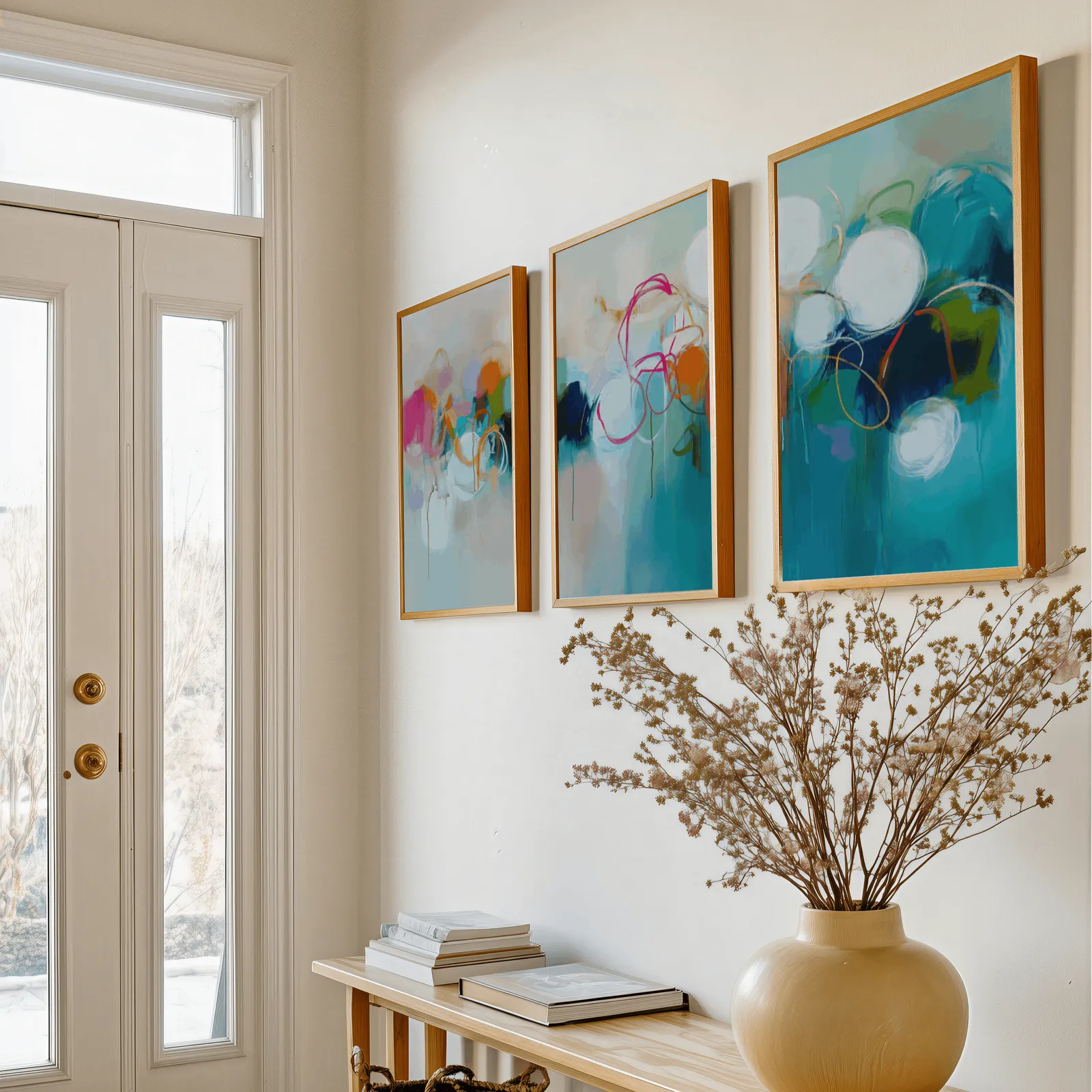 colorful abstract triptych wall art in teal and pink, above a console table with a yellow vase of dried branches