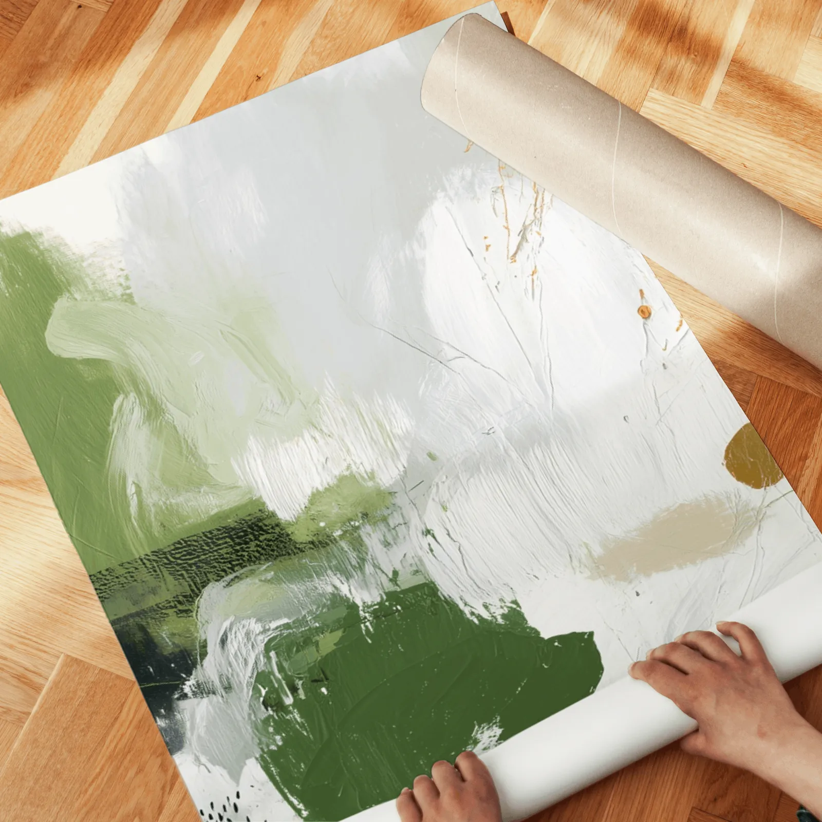green and blush abstract wall art set of 3, unrolled across a herringbone wood floor by hand