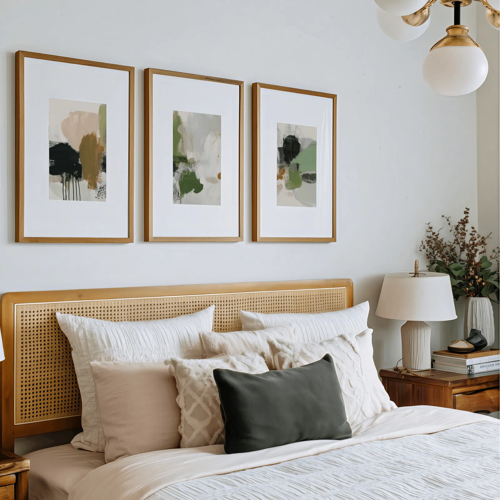 green and blush abstract wall art set of 3, above a rattan headboard piled with pillows