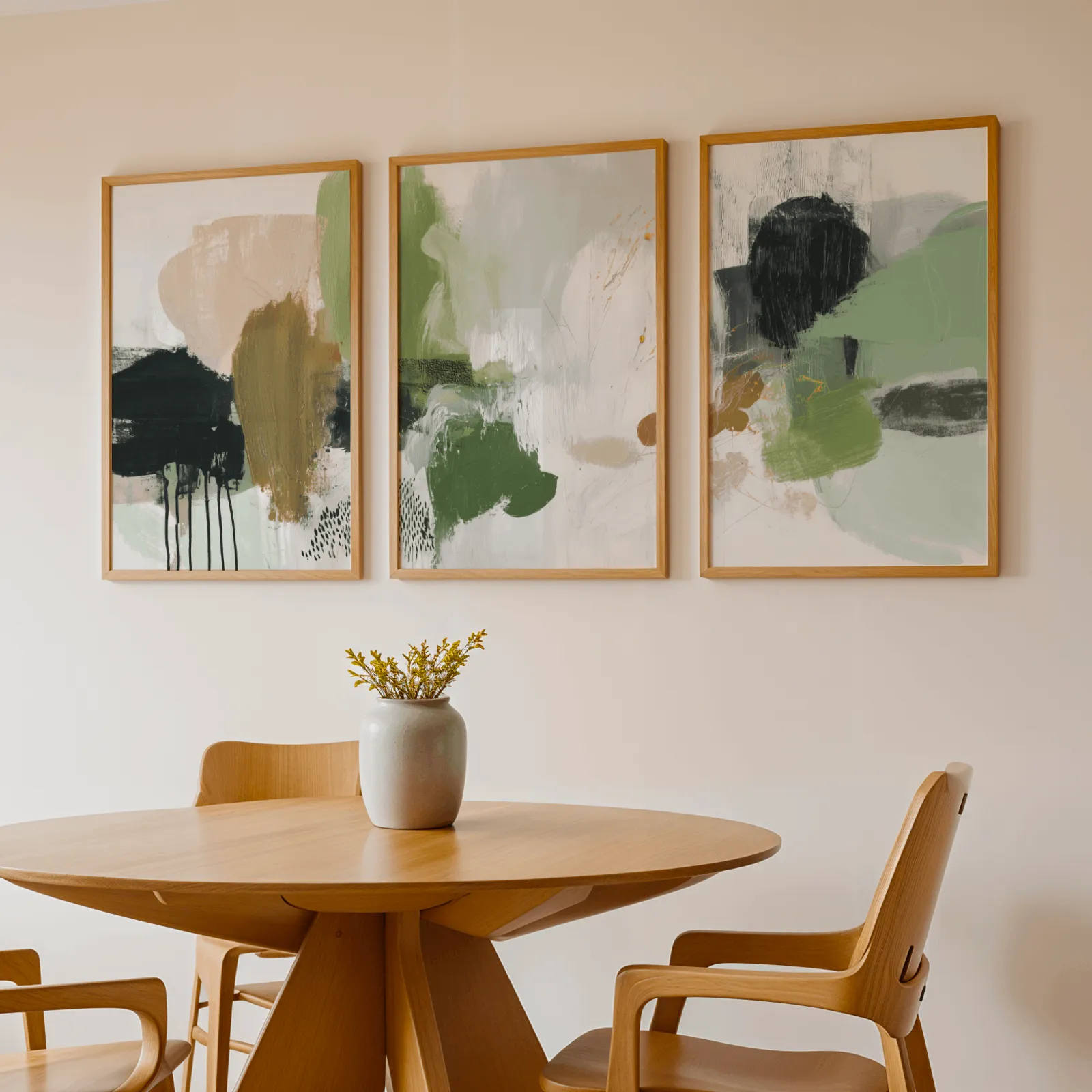 green and blush abstract wall art set of 3, above a round wooden table with a stoneware vase