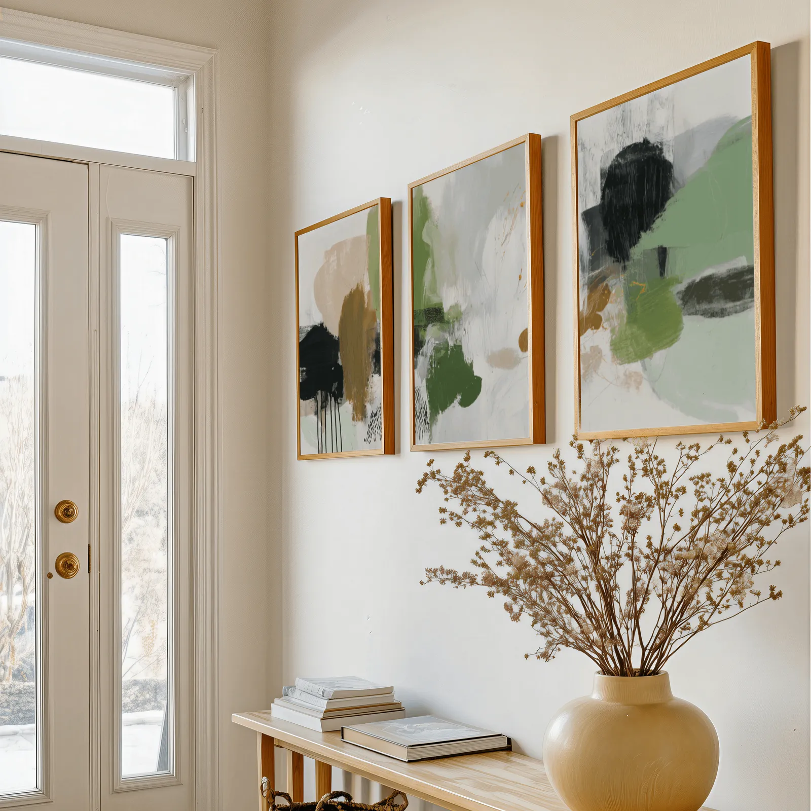 green and blush abstract wall art set of 3, above a console table with a yellow vase of dried branches