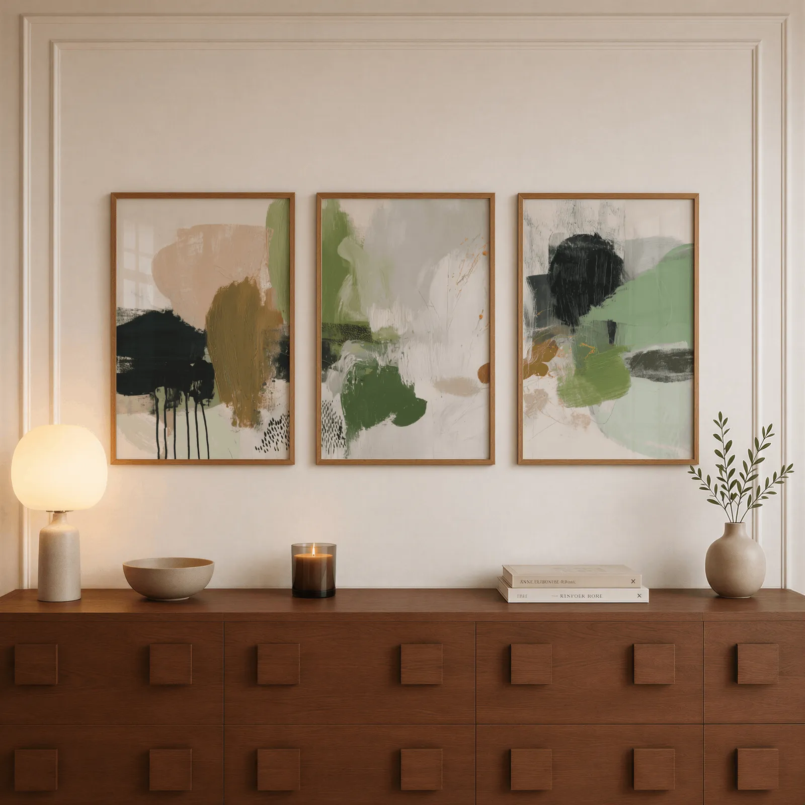 green and blush abstract wall art set of 3, above a walnut sideboard with a lit candle and glowing lamp
