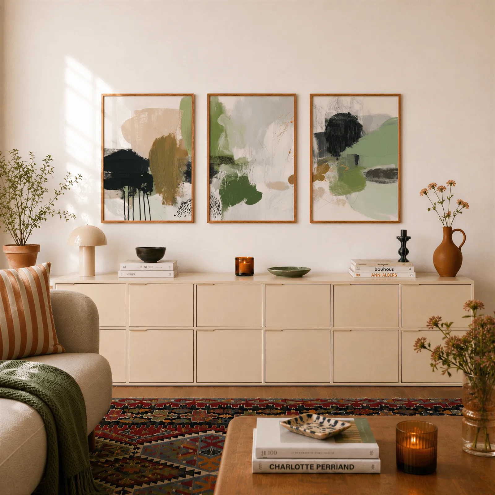 green and blush abstract wall art set of 3, above a long cream sideboard topped with books and a terracotta jug