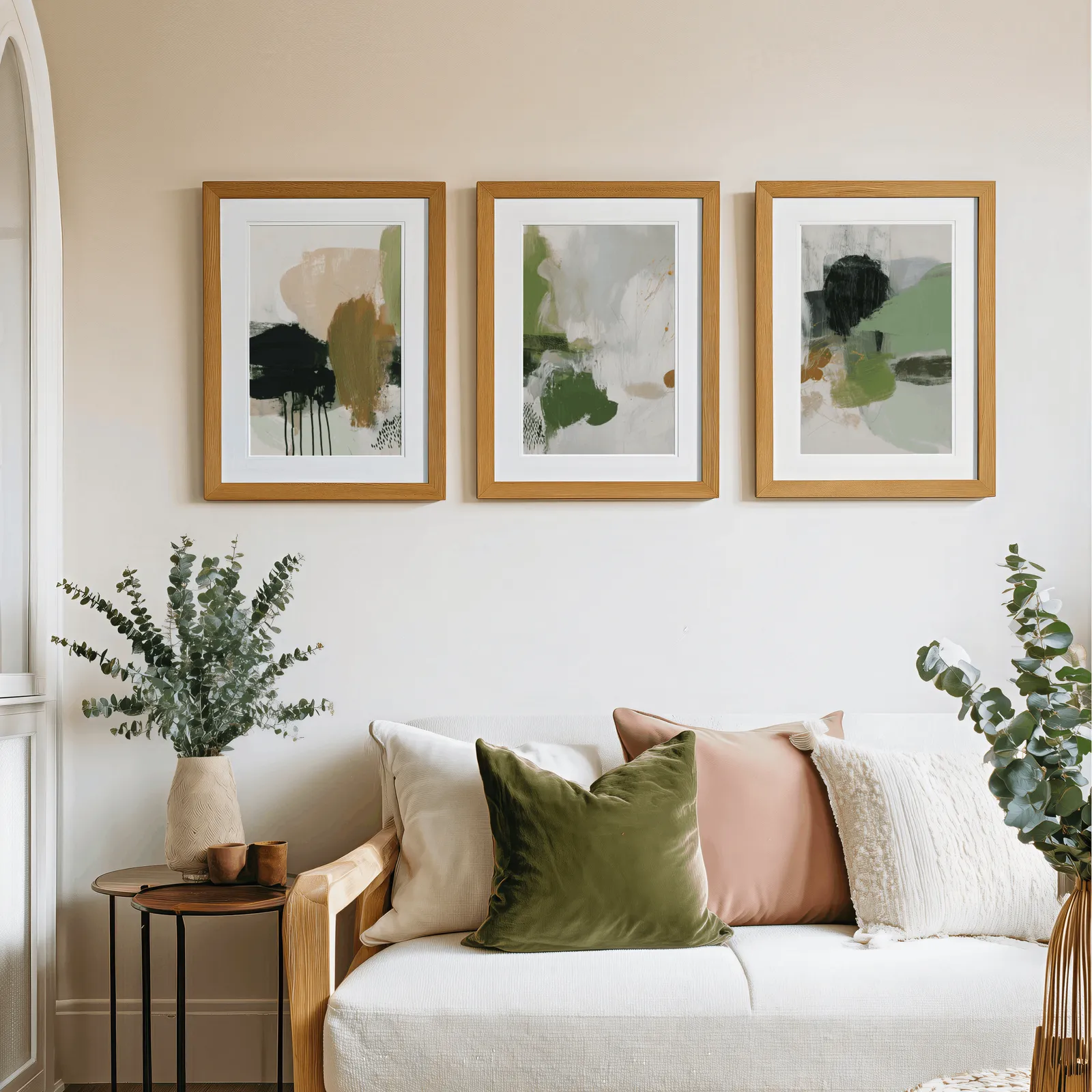green and blush abstract wall art set of 3, above a cream sofa piled with olive and blush pillows