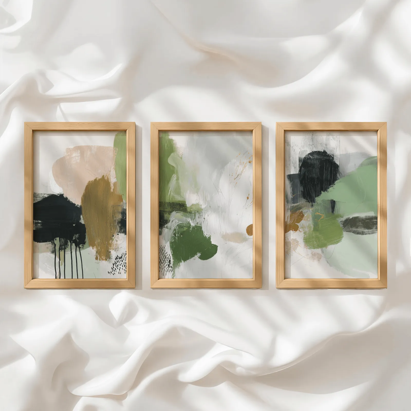 green and blush abstract wall art set of 3, in a row atop rumpled white silky fabric