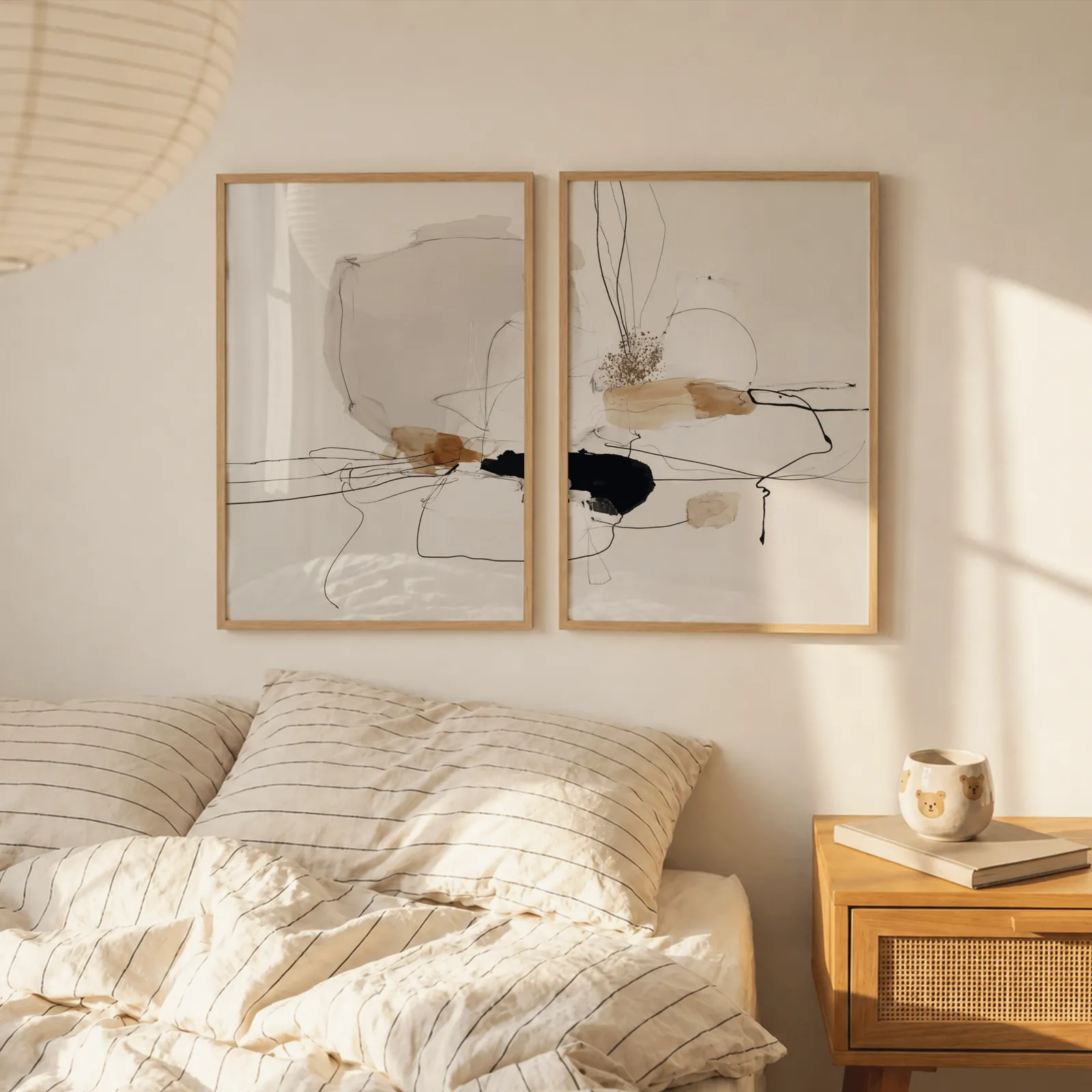 beige abstract minimalist wall art set of two, above a striped linen bed beside a paper lantern shade