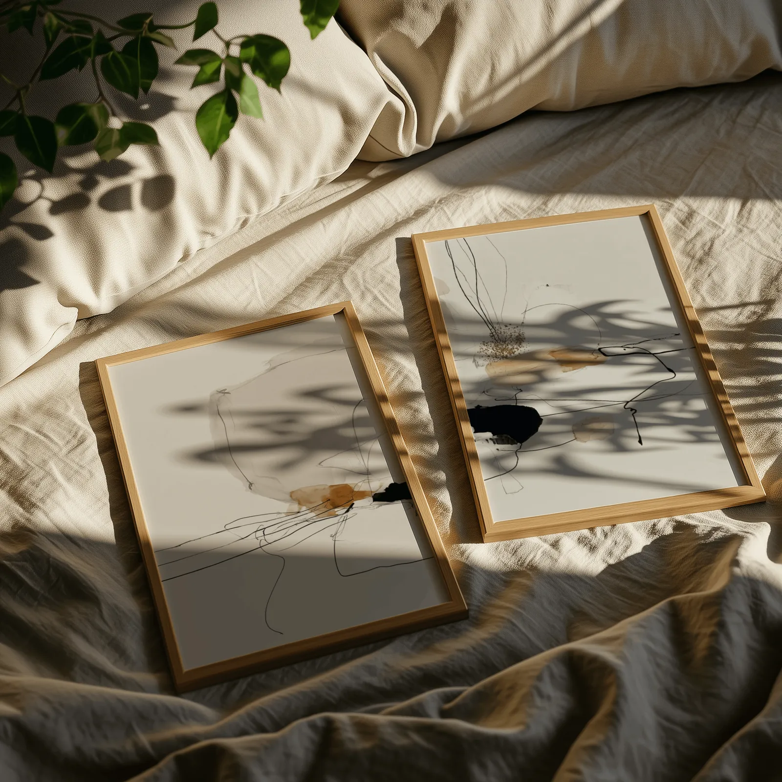 beige abstract minimalist wall art set of two, resting on rumpled linen sheets with dappled leaf shadows