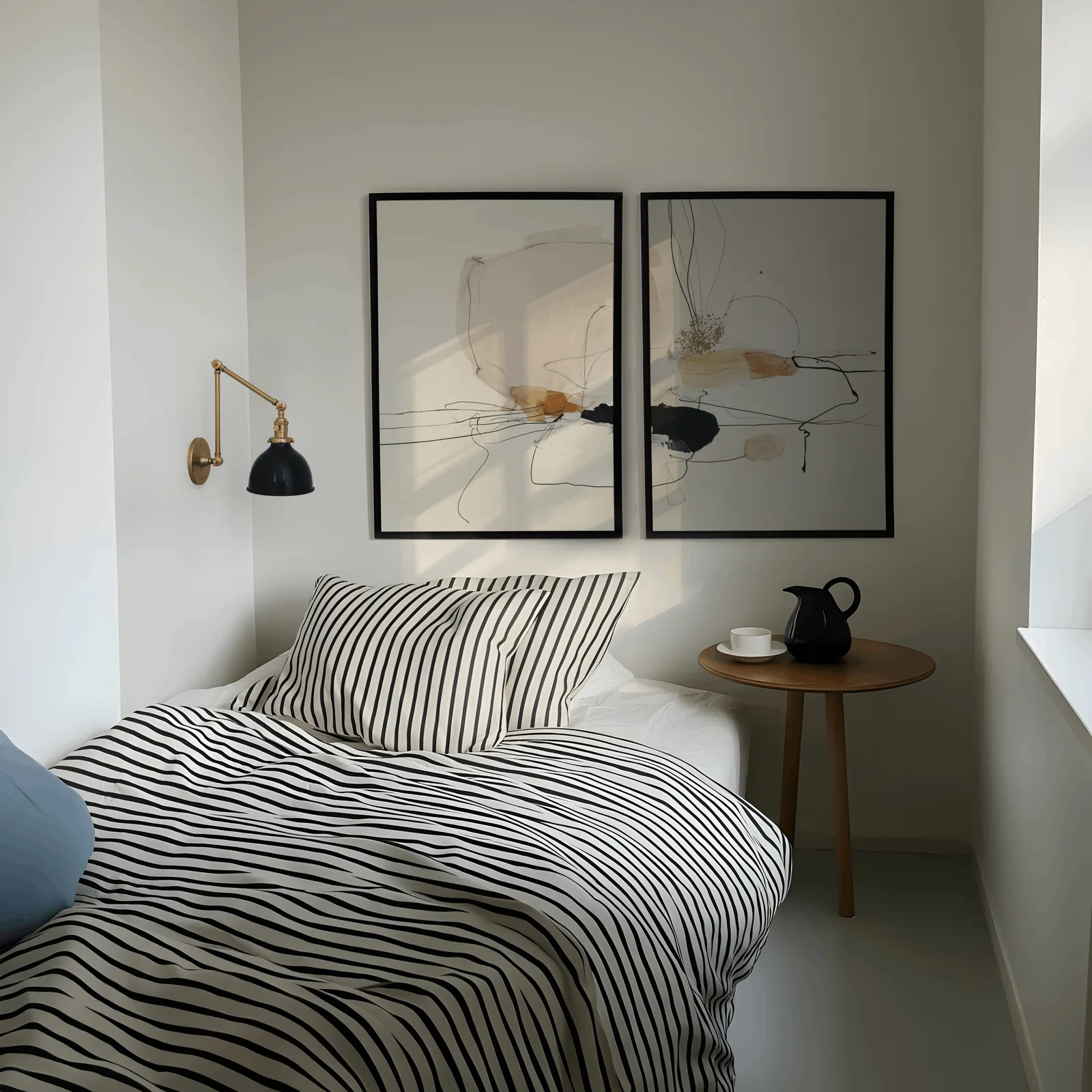 beige abstract minimalist wall art set of two, above a striped bed beside a brass swing-arm lamp