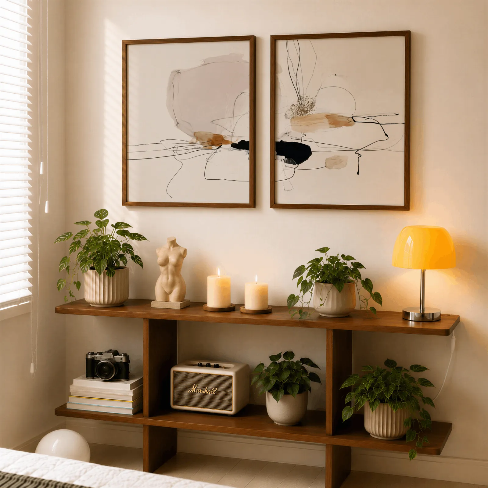 beige abstract minimalist wall art set of two, above a wooden console shelf with potted plants and a yellow lamp