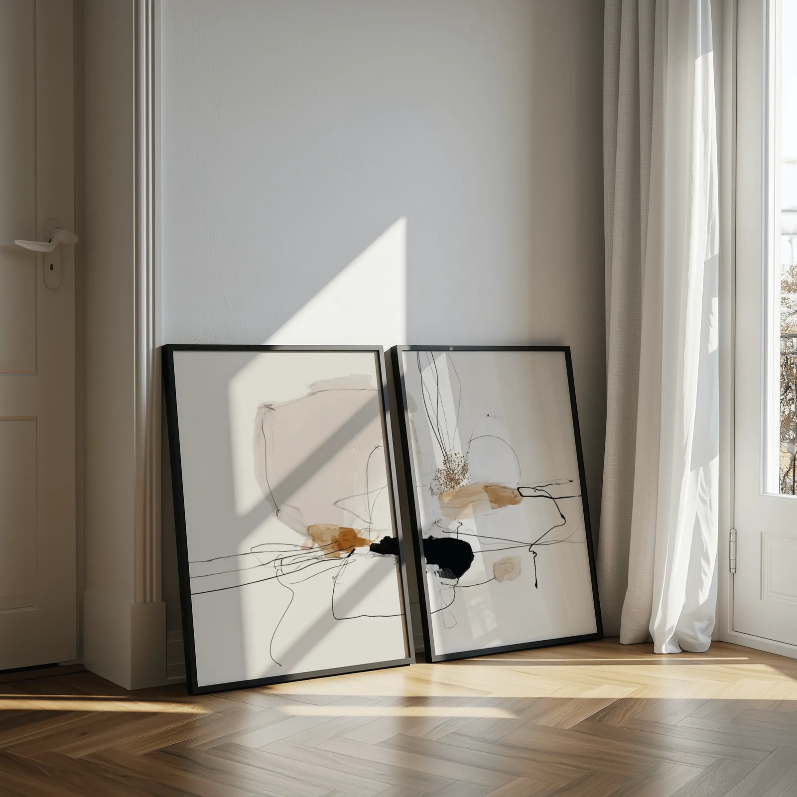 beige abstract minimalist wall art set of two, leaning against a sunlit wall by herringbone floor and sheer curtains