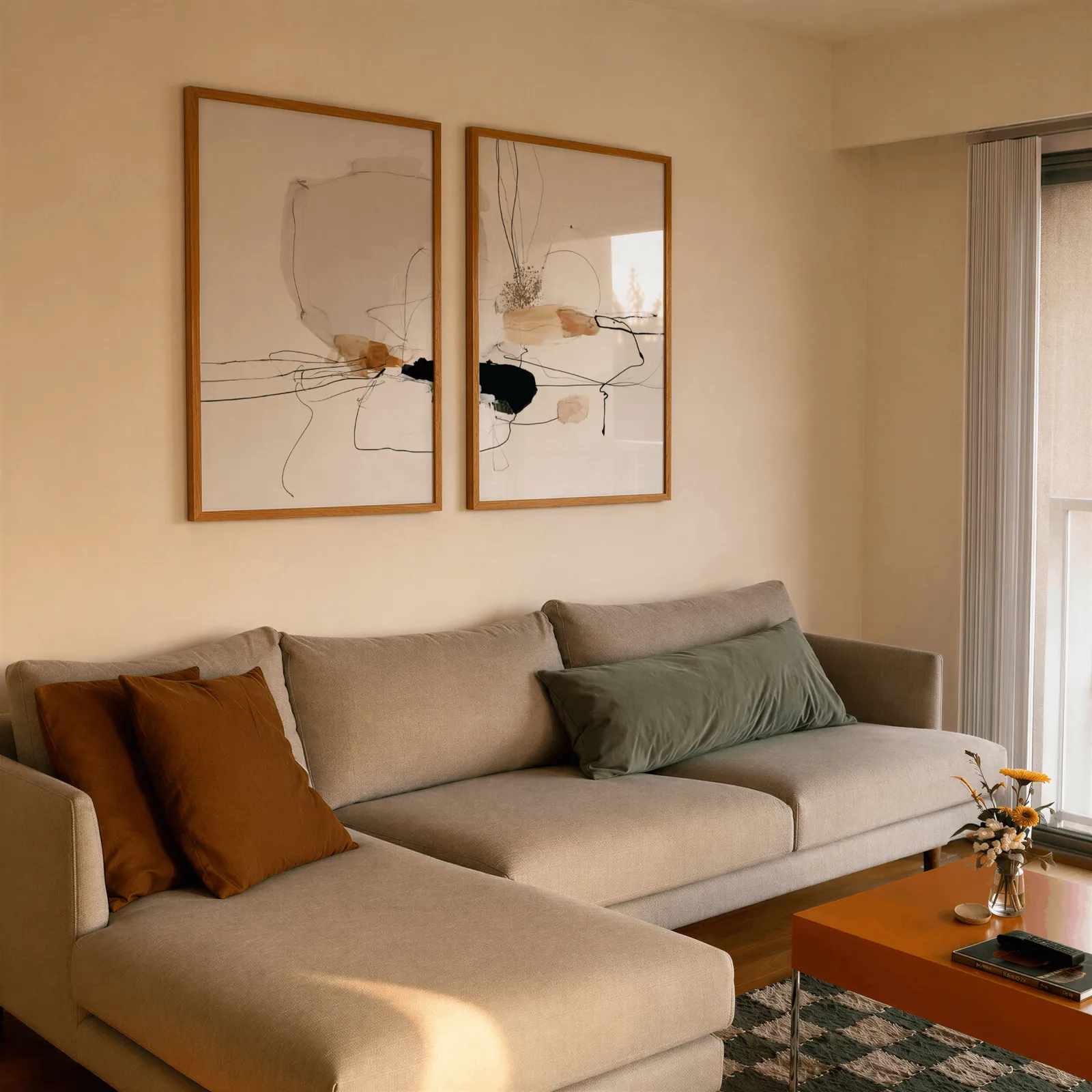 beige abstract minimalist wall art set of two, side by side above a beige sectional sofa