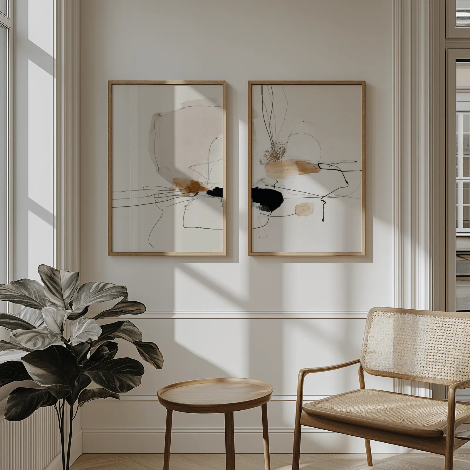 beige abstract minimalist wall art set of two, above wainscoting beside a cane armchair and fiddle-leaf fig