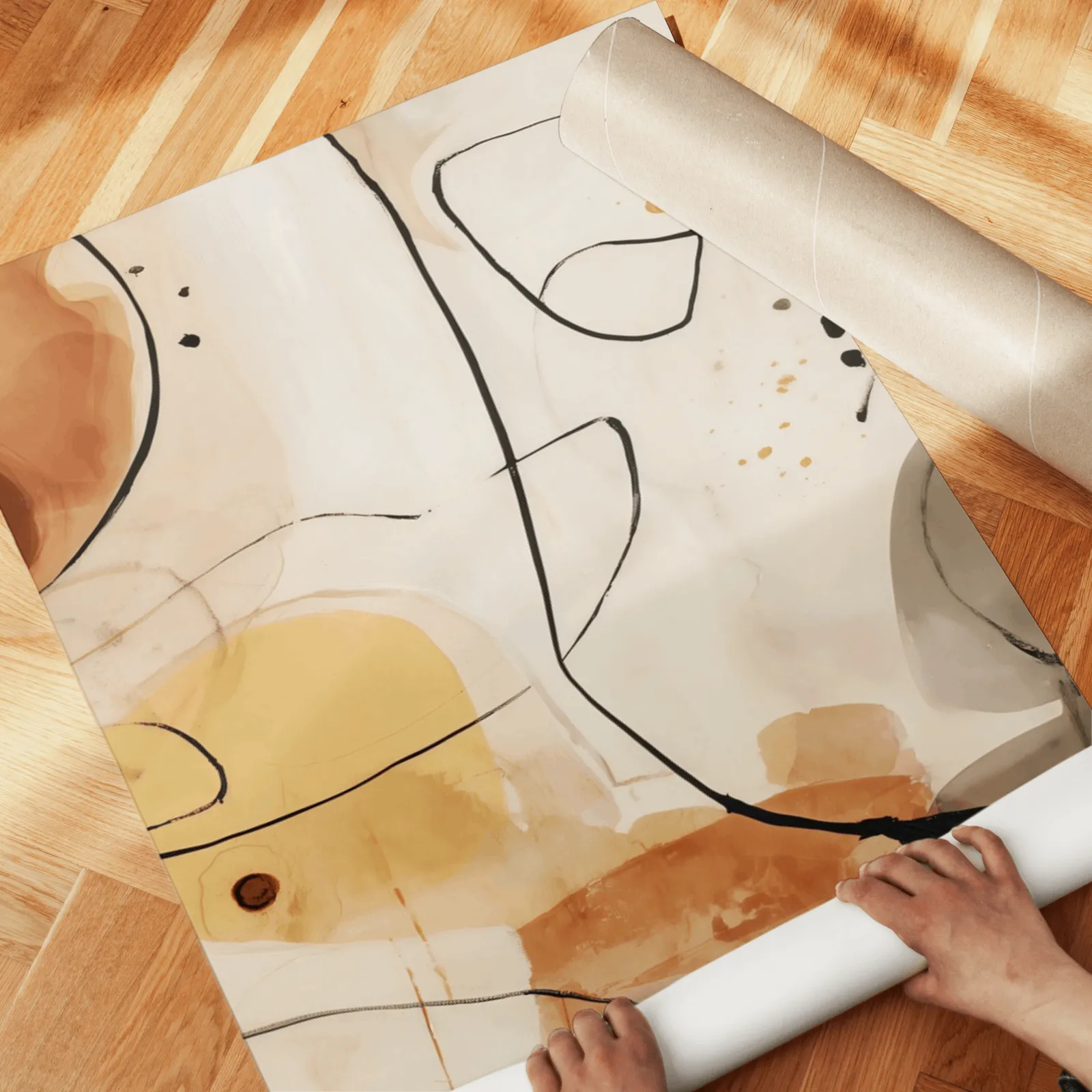 terracotta abstract line art set of three, unrolled across a herringbone wood floor by hand