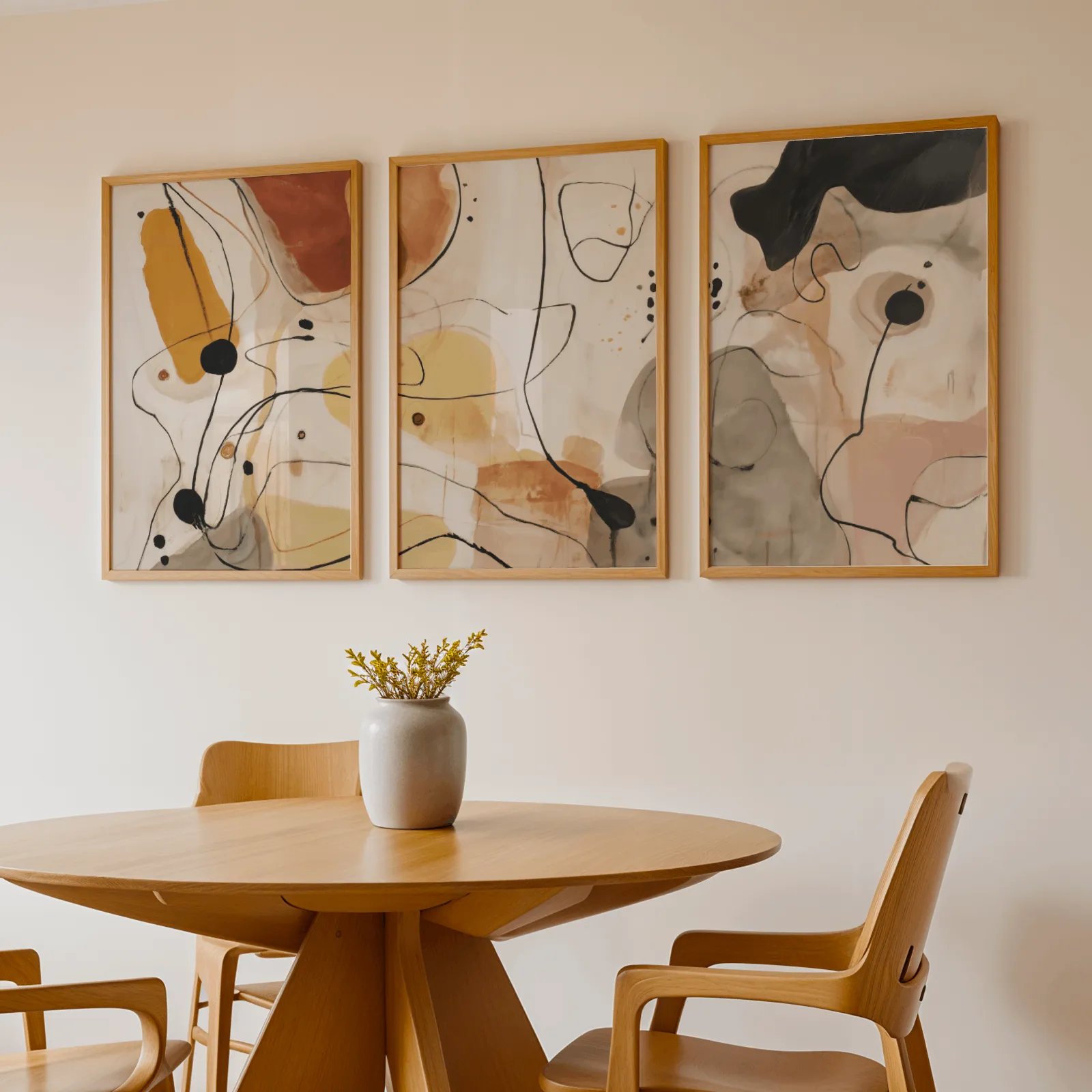 terracotta abstract line art set of three, above a round wooden table with a stoneware vase
