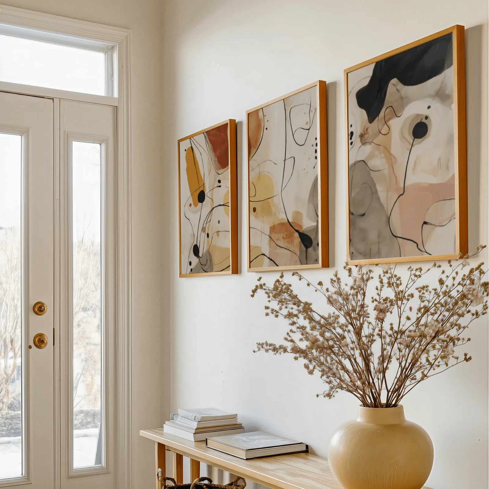 terracotta abstract line art set of three, above a console table with a yellow vase of dried branches